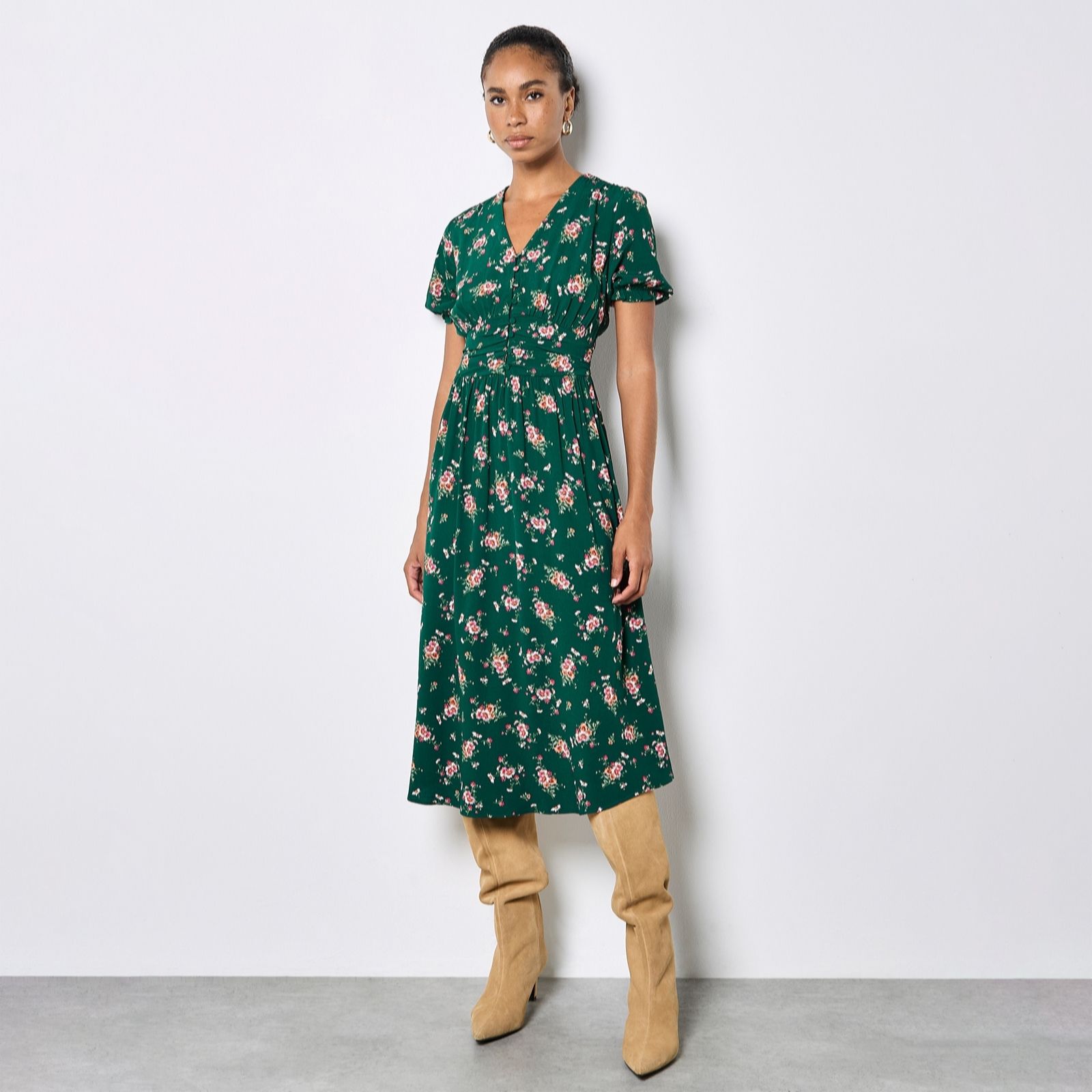 Apricot Green Milkmaid Pleated Waist Midi Dress