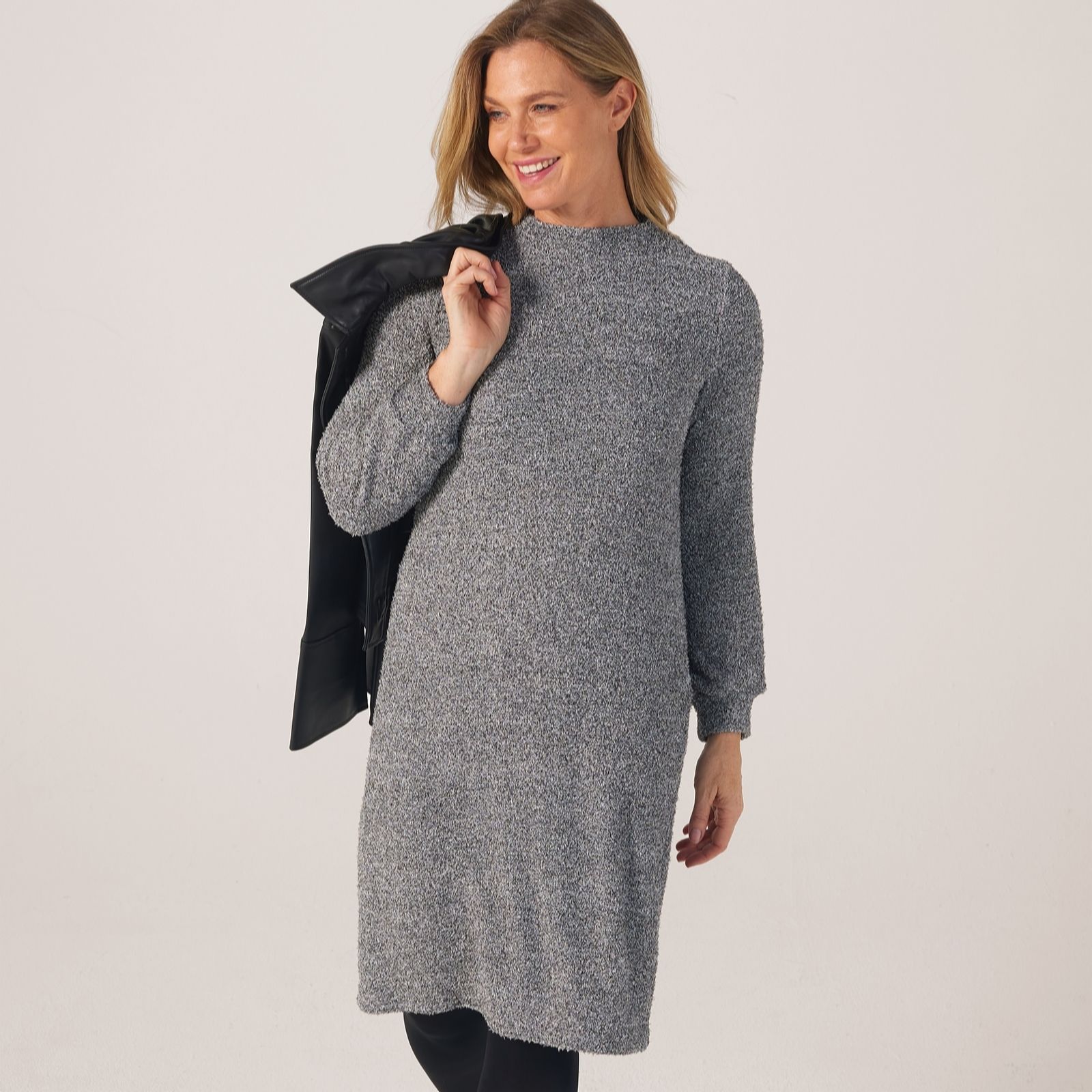 Kim & Co Black Melange Boucle Sweater Knit Long Blouson Sleeve Lined Dress