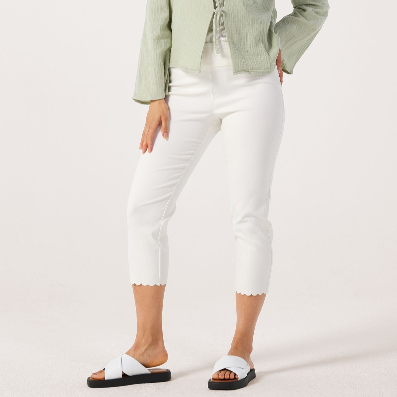 Nina Leonard Scallop Hem Pull On Straight Leg Crop Trousers