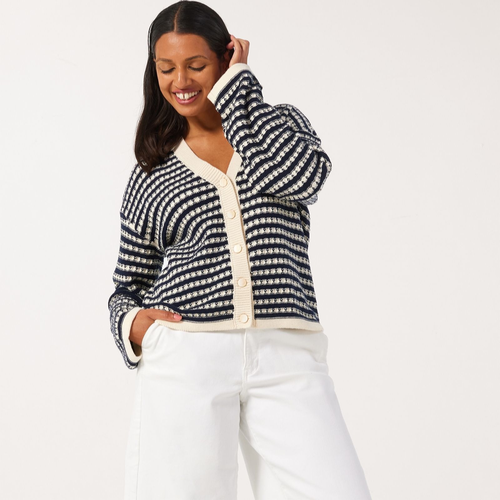 Yas Birch Navy Cibyl Stripe Knitted Cardigan