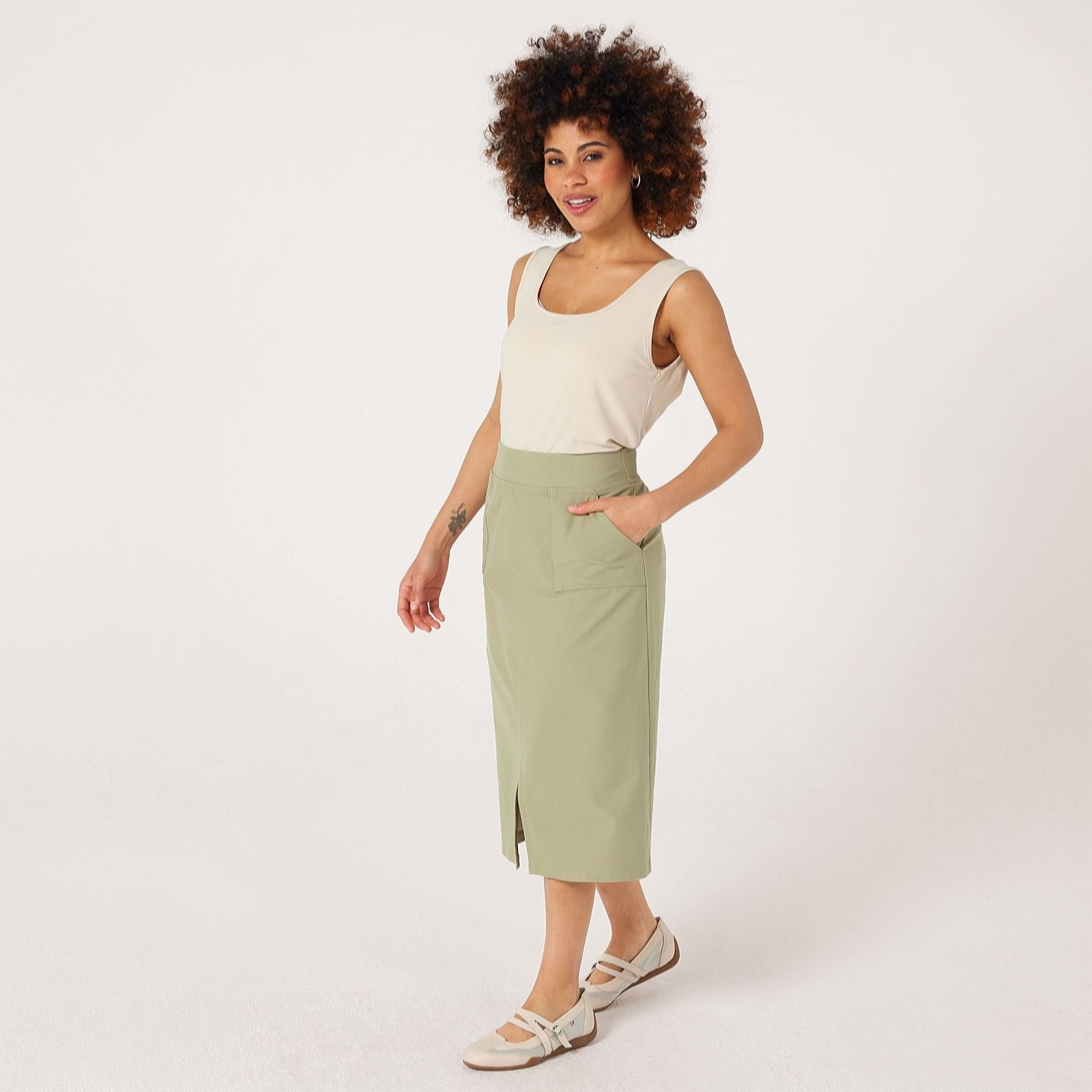 Kim & Co Celadon Deluxe Denim Knit Midi Skirt With Slit