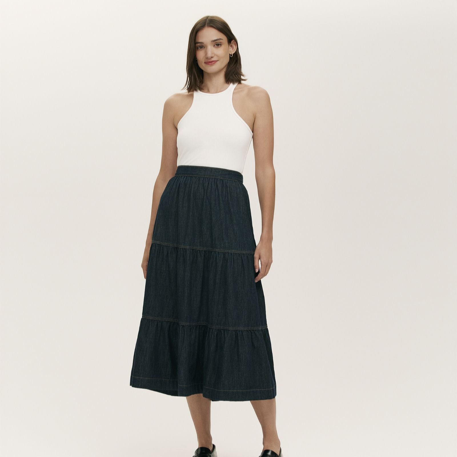 Finery Indigo London Lulu Denim Tiered Stretch Waist Midi Skirt