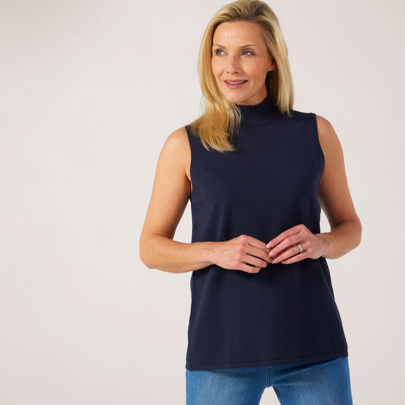 Marlawynne Black Collection Viscose Blend Mock-Neck Sleeveless Top