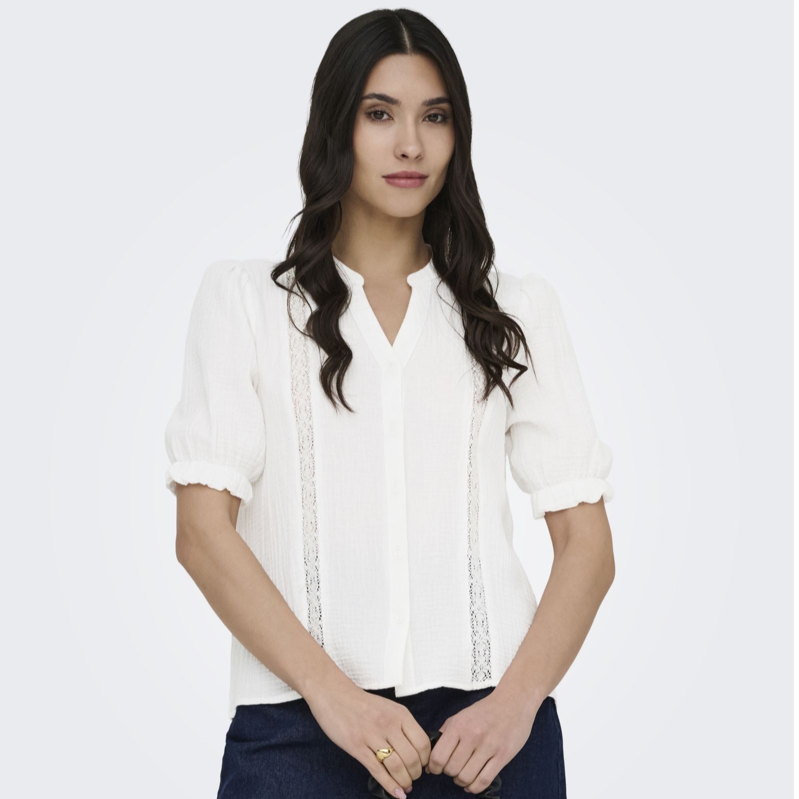 Jdy Women's Blue Theis Soft Touch Lace Detail Shirt