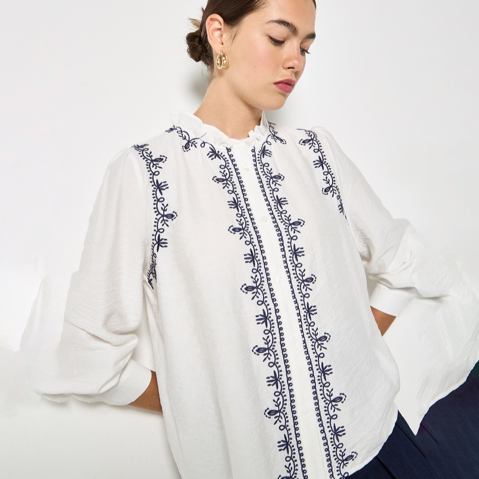 Apricot White Ruffle Neck Embroidered Blouse
