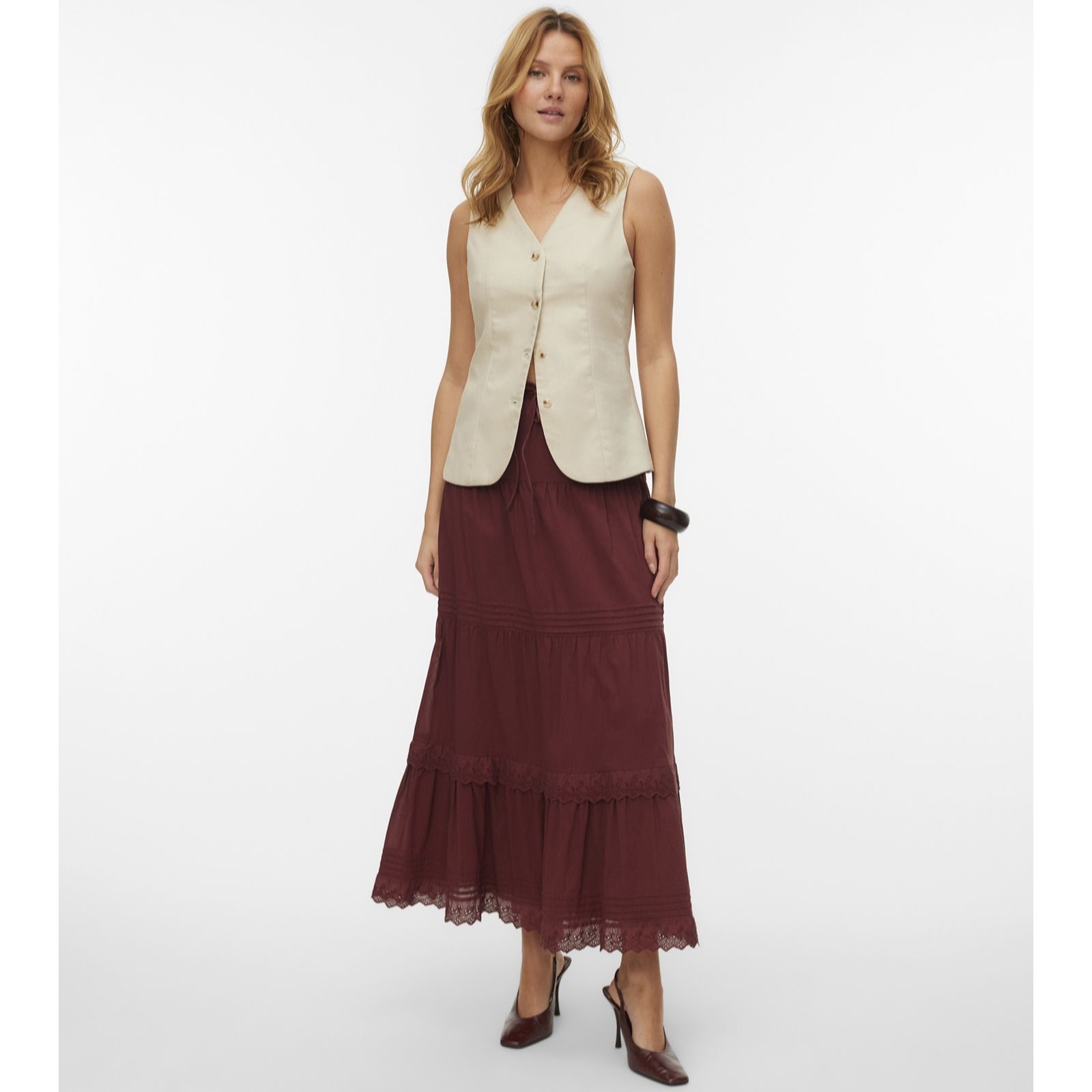 Vero Moda Burgundy Sandy High Waisted Tiered Ankle Skirt
