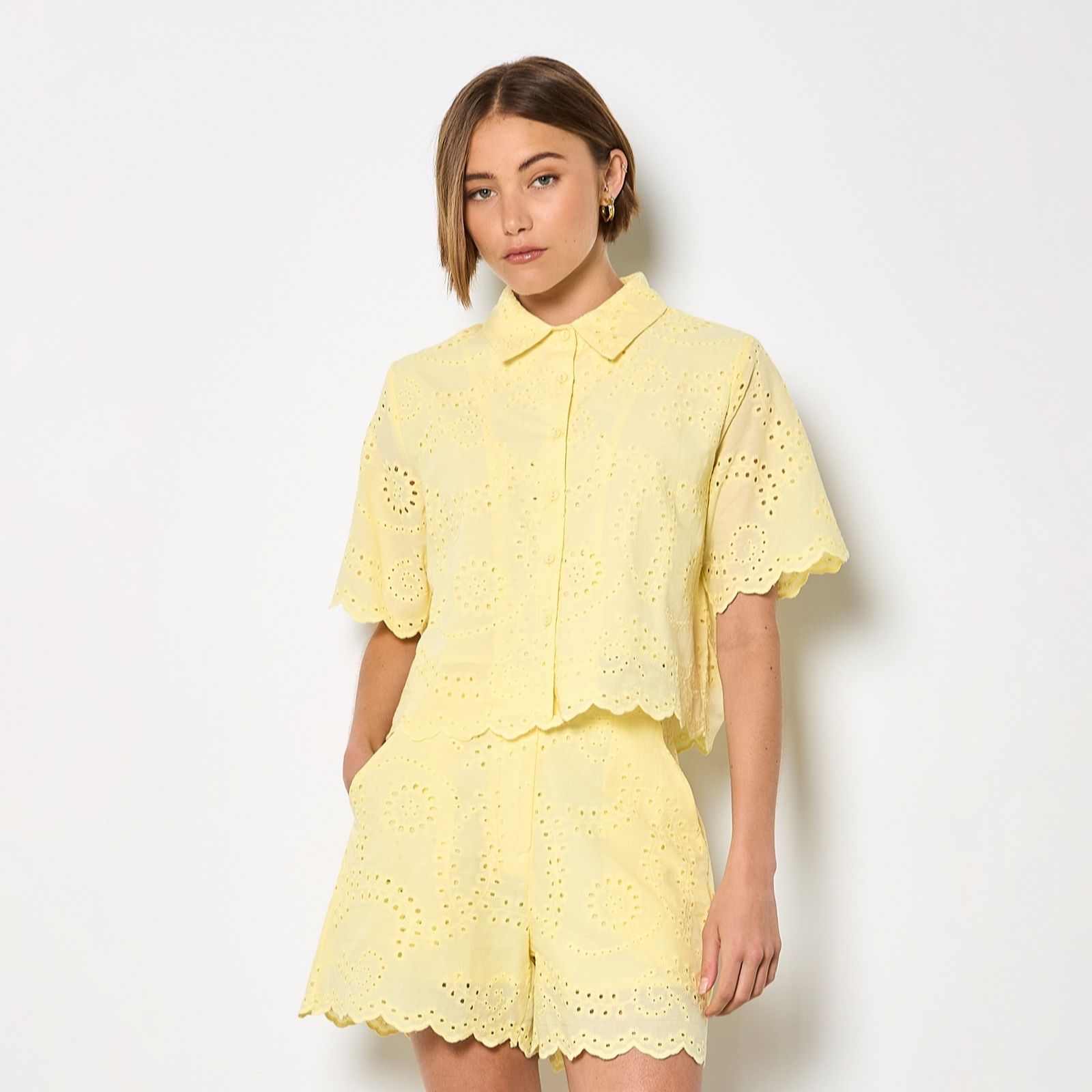 Apricot Yellow Scallop Edge Broderie Shirt