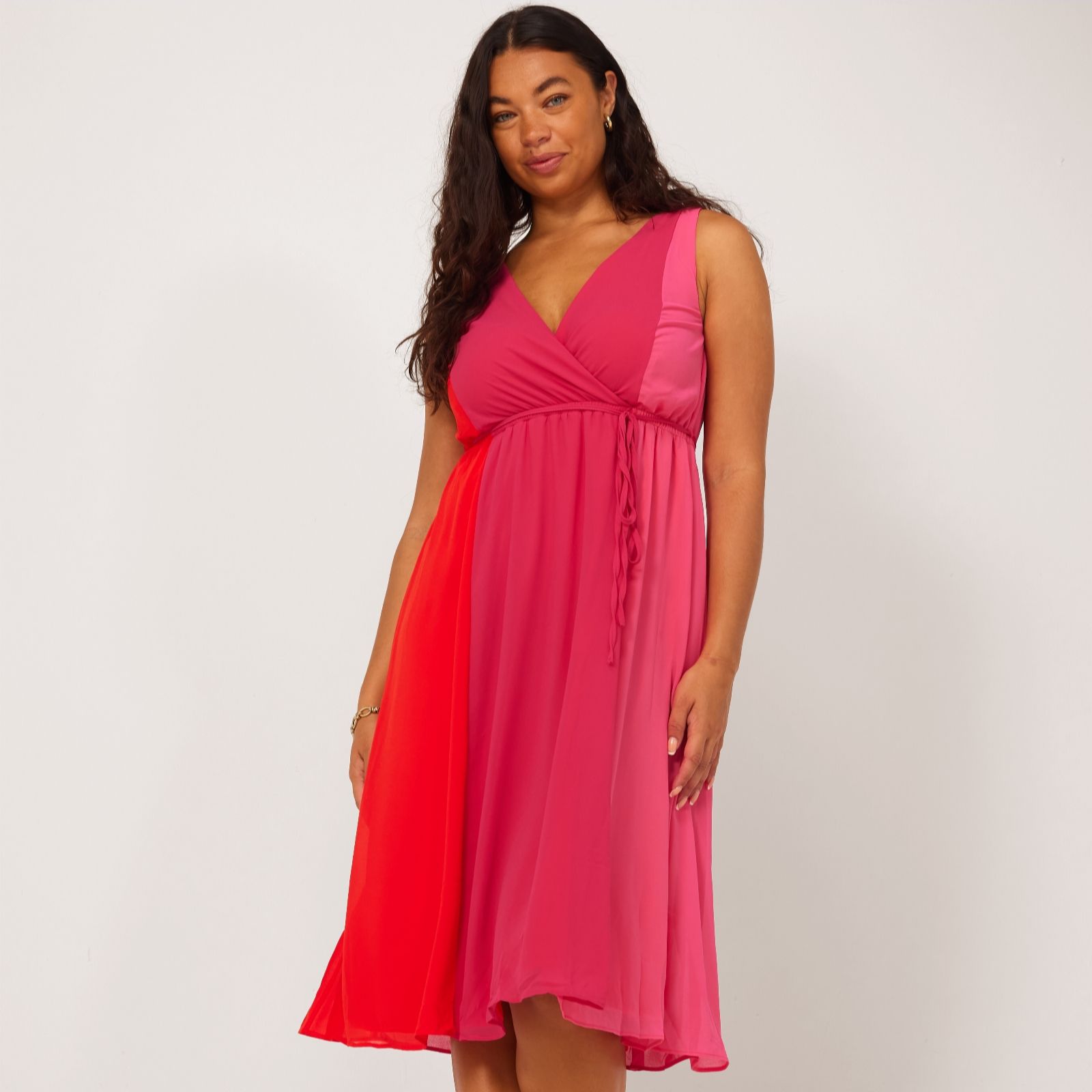 Nina Leonard Orange,Pink Chiffon Shirred And Smocked Midi Dress