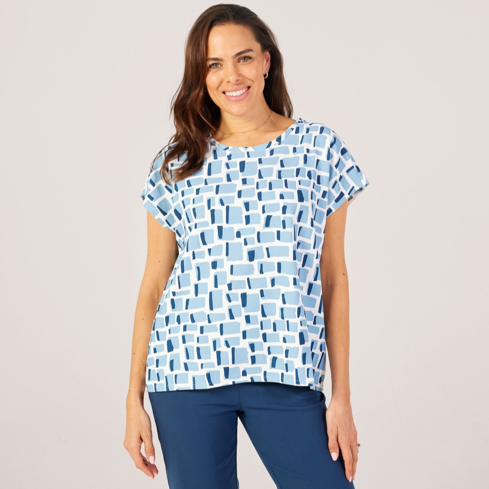 Marlawynne Blue Combo Collection Drapey Twill Cap Sleeve Top