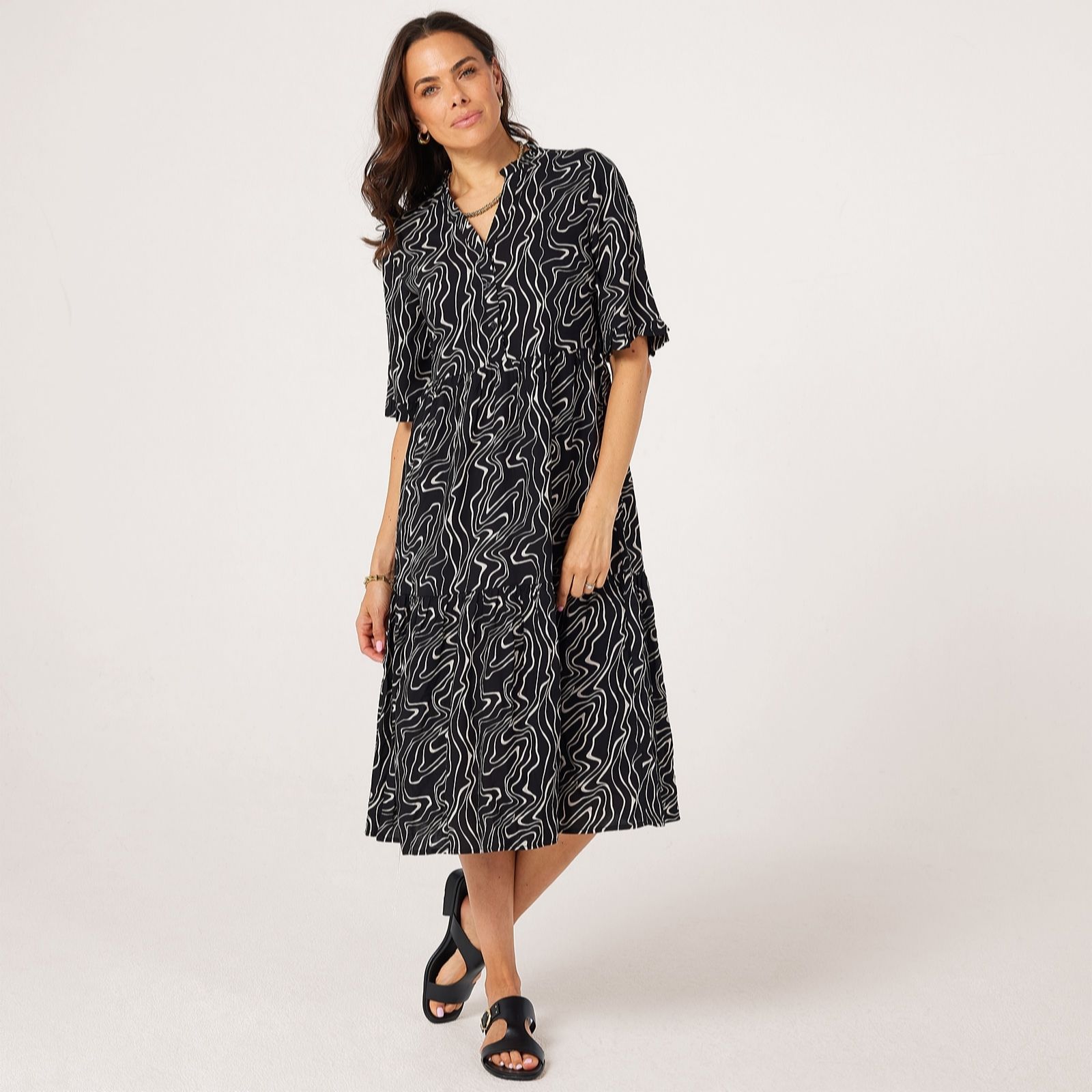 Vero Moda Black Swirl Easy Frill Neck Tiered Midi Dress