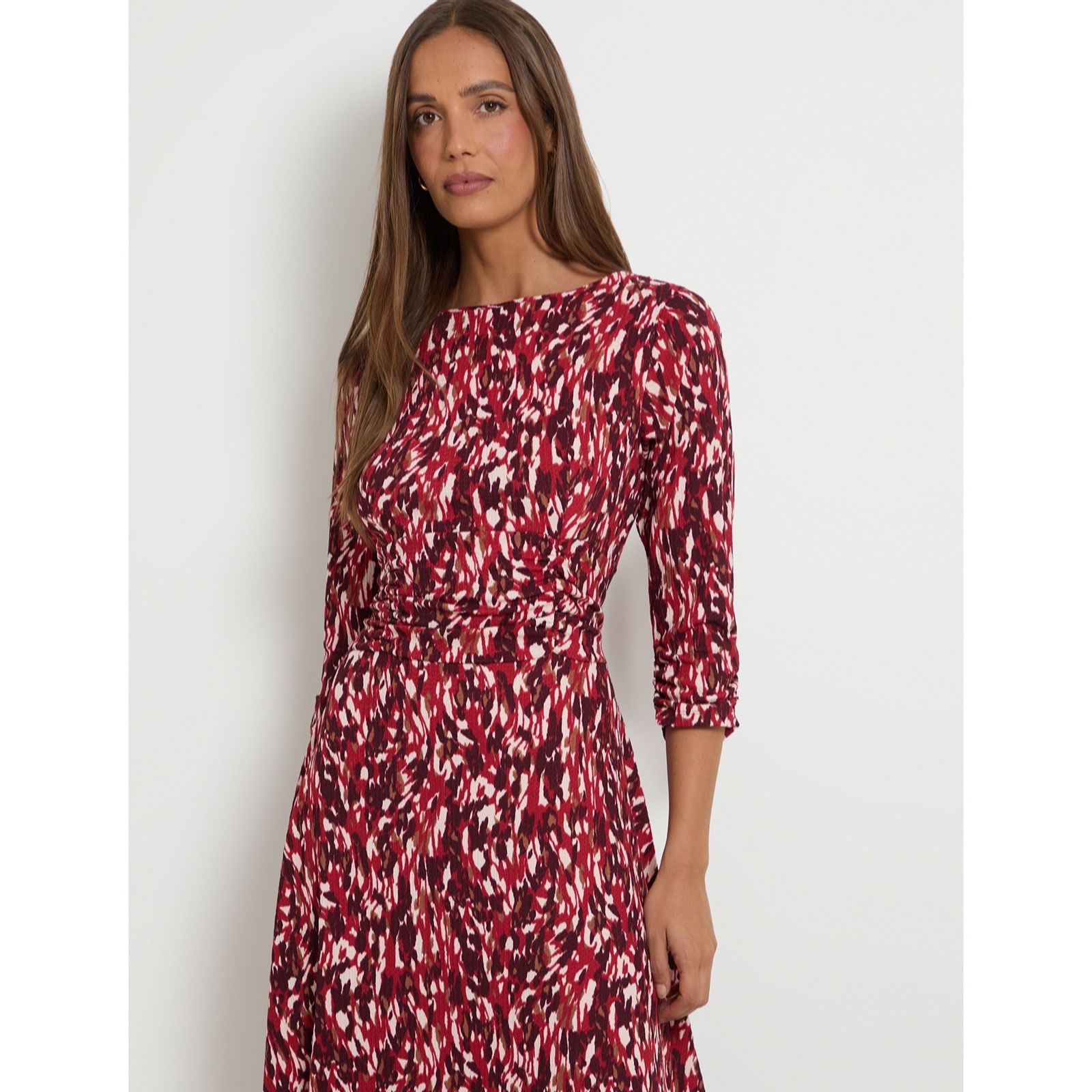Wallis Women's Jersey Abstract Ruched Waist Midi Dress in Wine | Size: 16