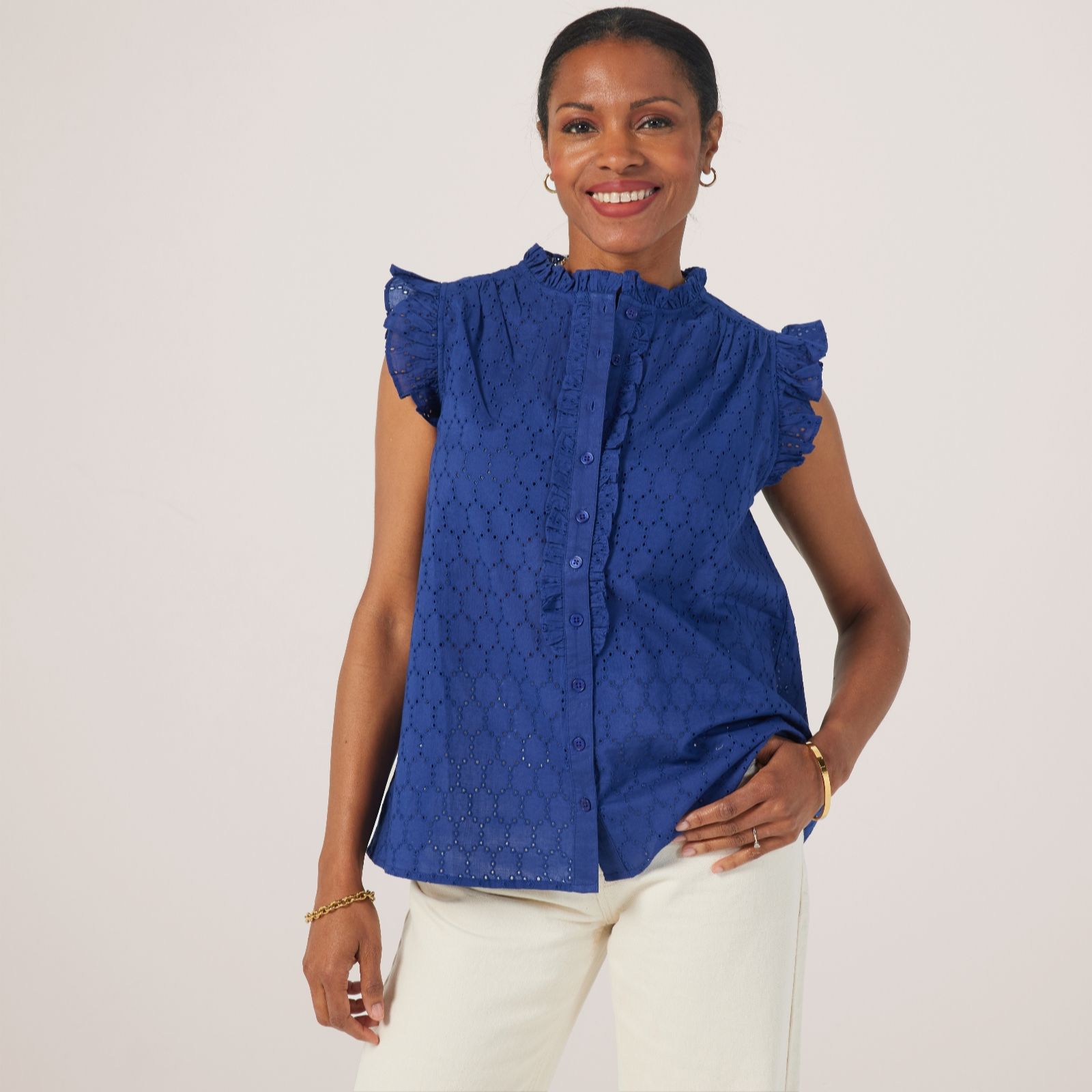 Denim & Co. Cotton Broderie Frill Detail Shirt