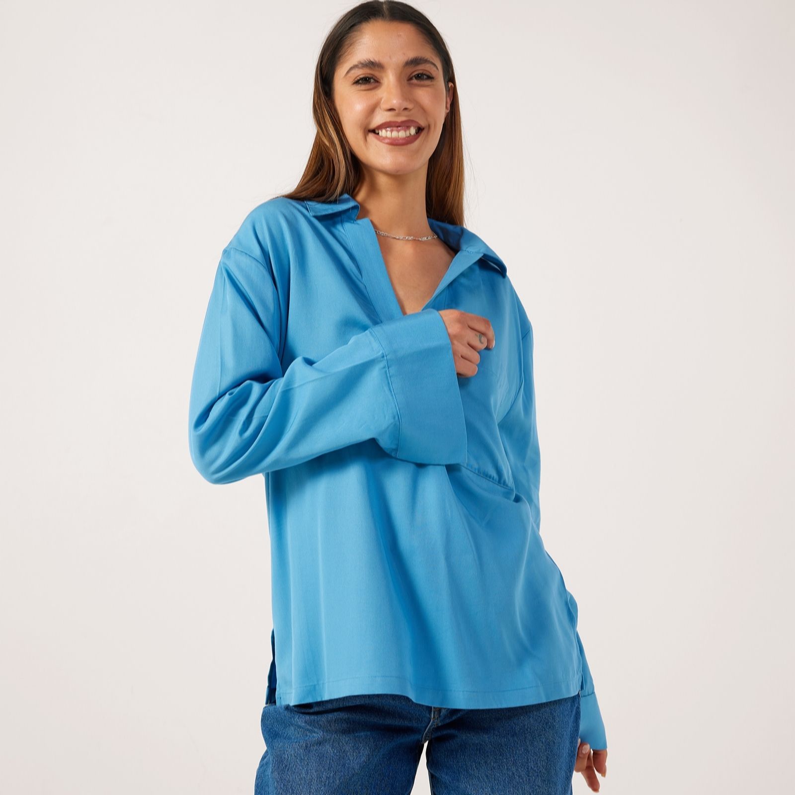 Denim & Co. Half Placket Denim Shirt