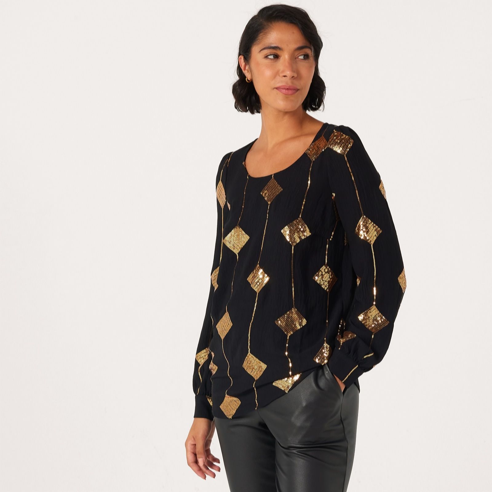 Nina Leonard Black Cuffed Balloon Sleeve Sequin Pattern Floaty Tunic