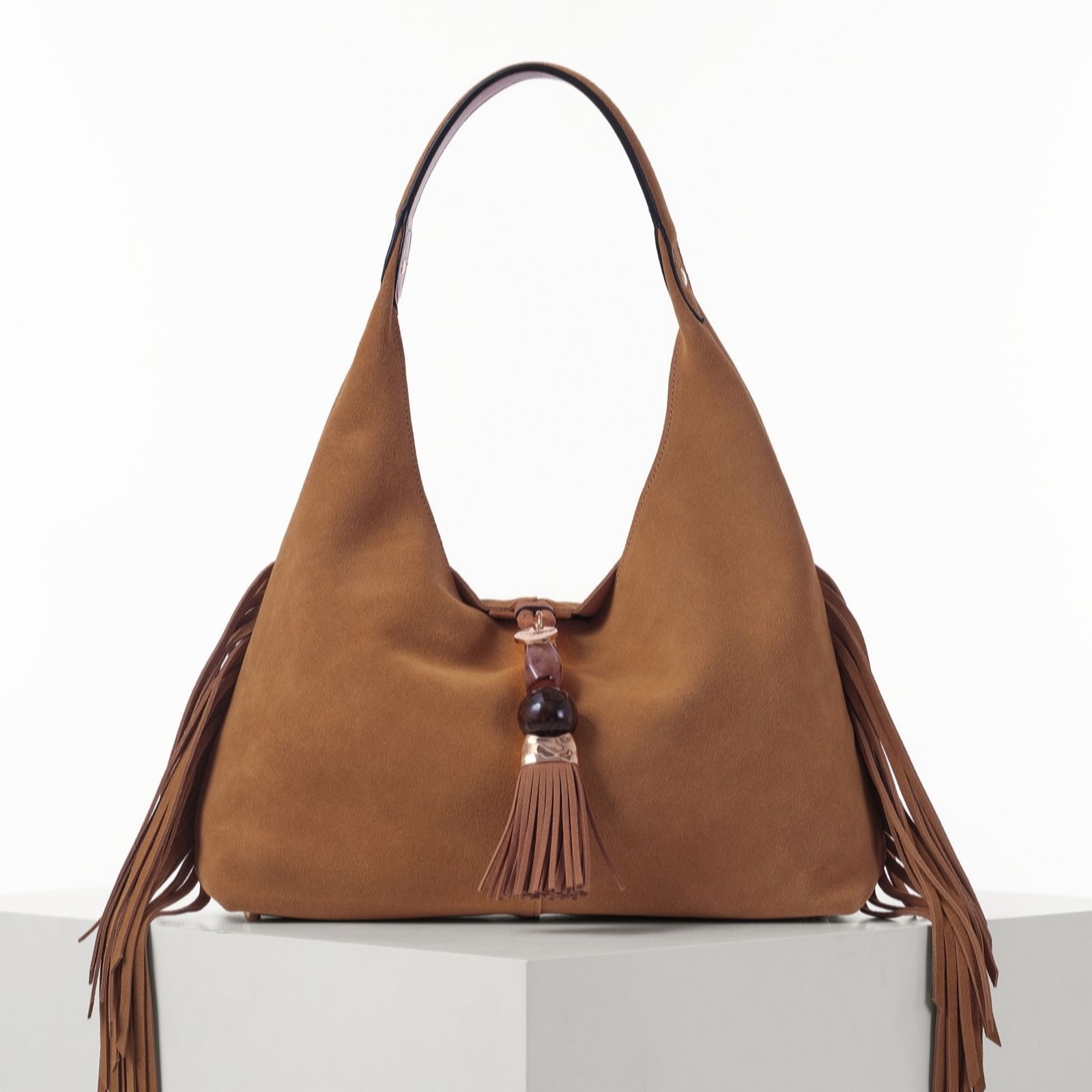 Luella Grey Camel Suede Paloma Medium Suede Fringe Shoulder Bag