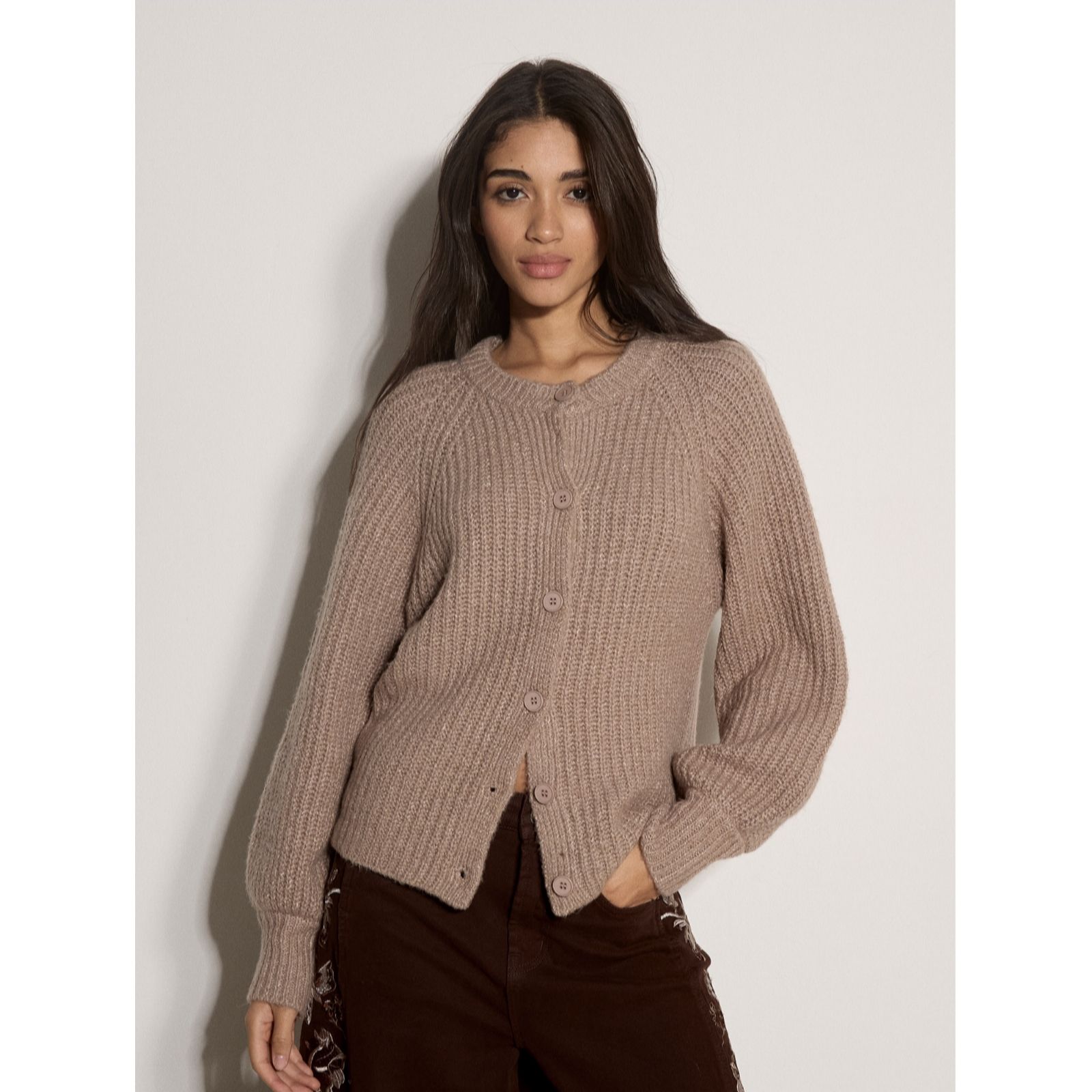 Apricot Women's Cotton Blend Chunky Ribbed Knit Cardigan Sweater in Taupe | Size: 18