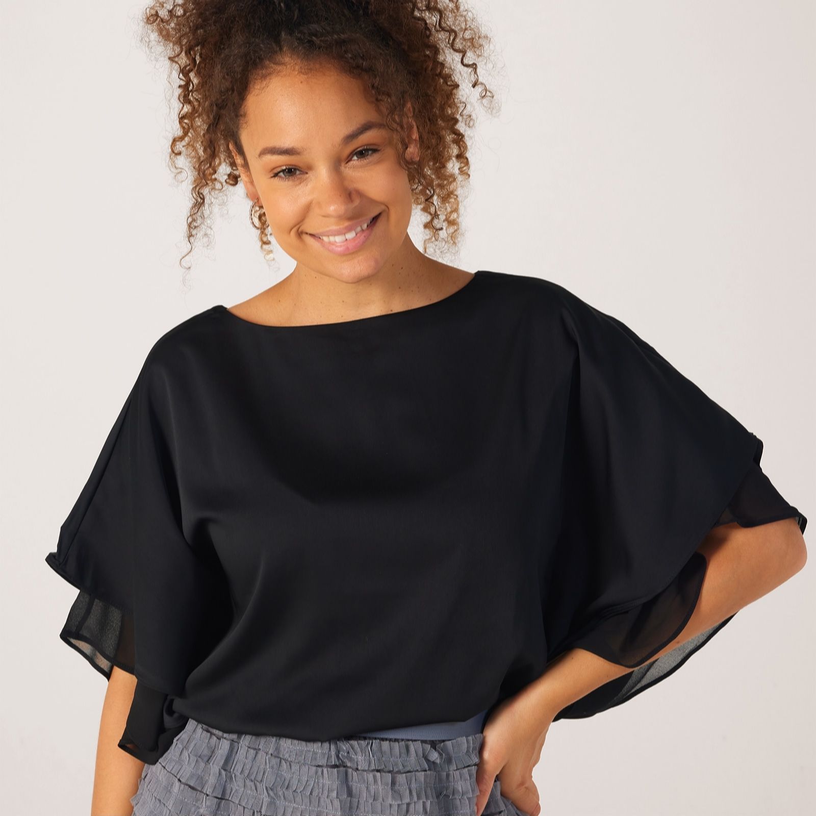 Nina Leonard Black Chiffon Layered Dolman Sleeve Tunic