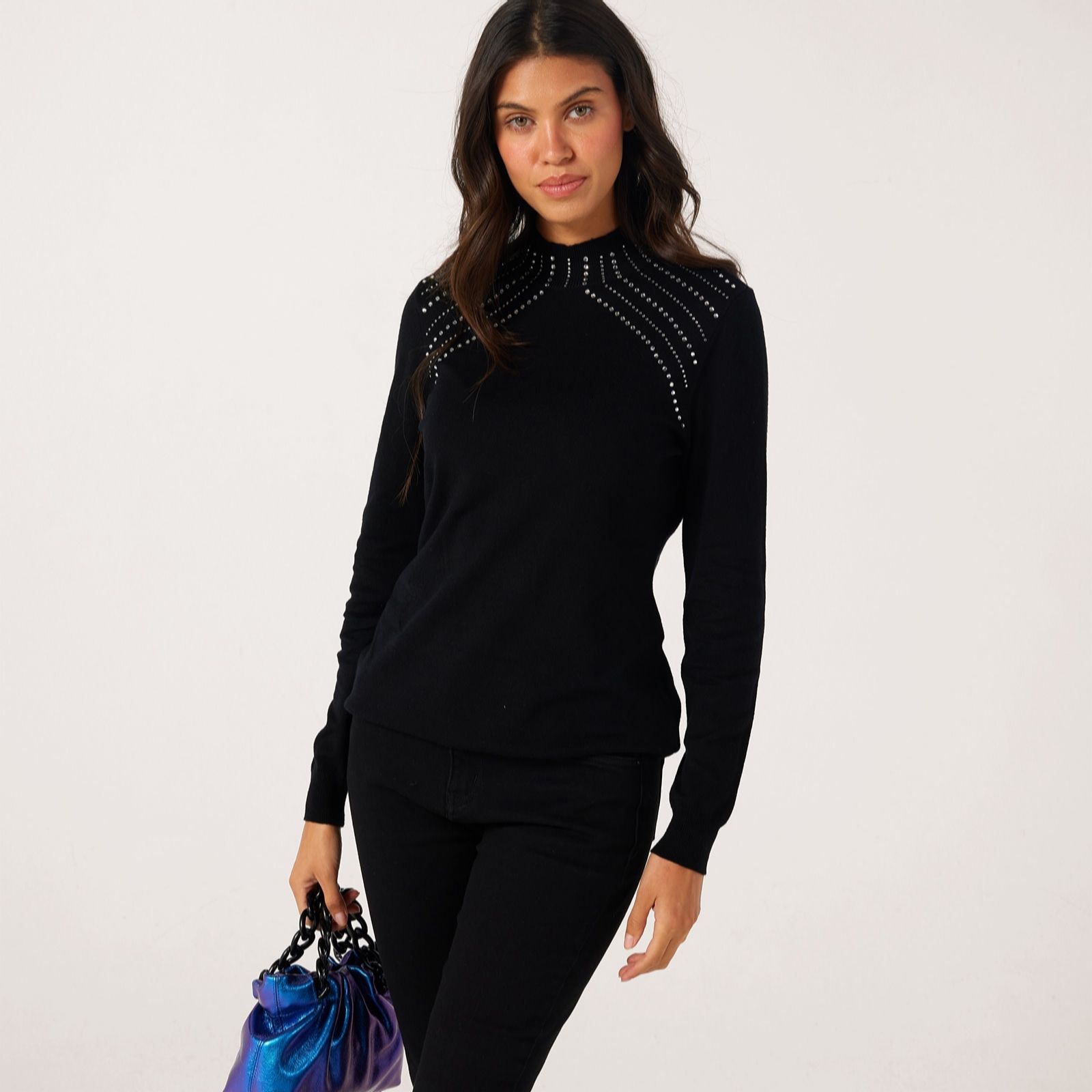 Nina Leonard Ivory Mock Neck Stud Detail Knit Jumper