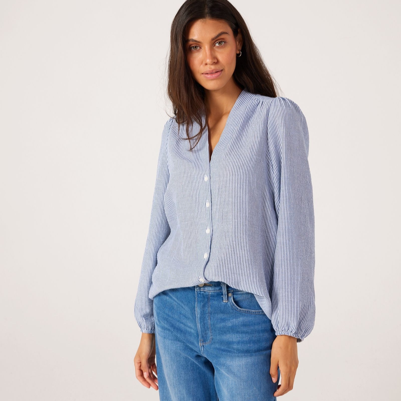 Kim & Co Grey Striped Long Blouson Sleeve Blouse With Shirring