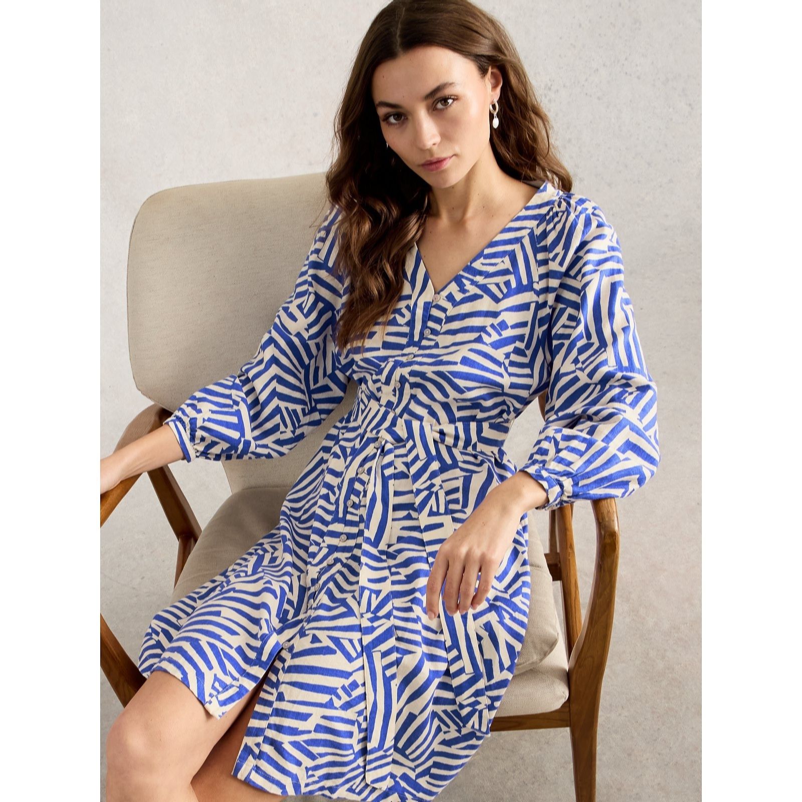 White Stuff Women's Blue Multi Petra Linen Blend Dress