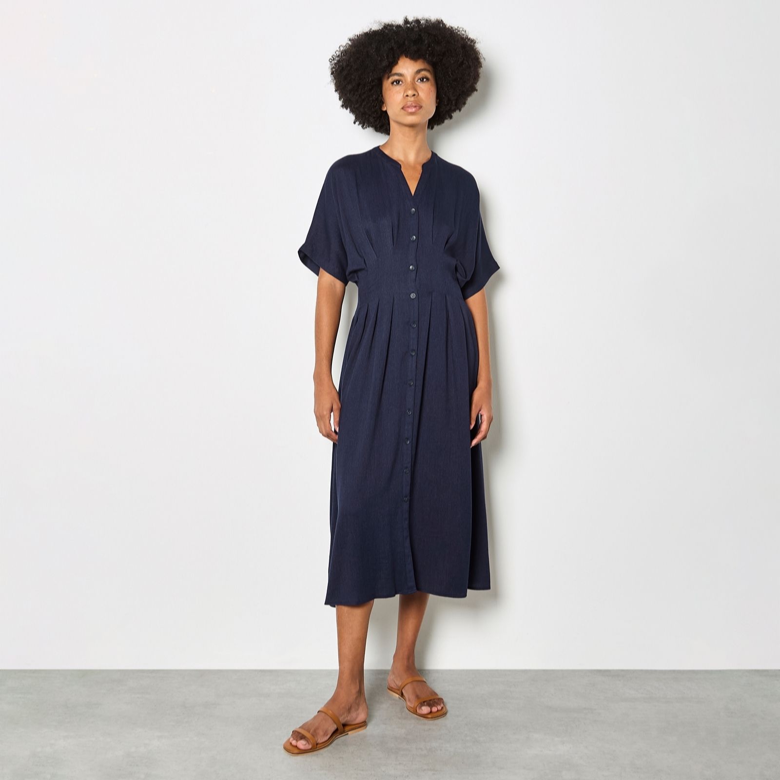 Apricot Navy Linen Mix Pleated Waist Midi Shirt Dress