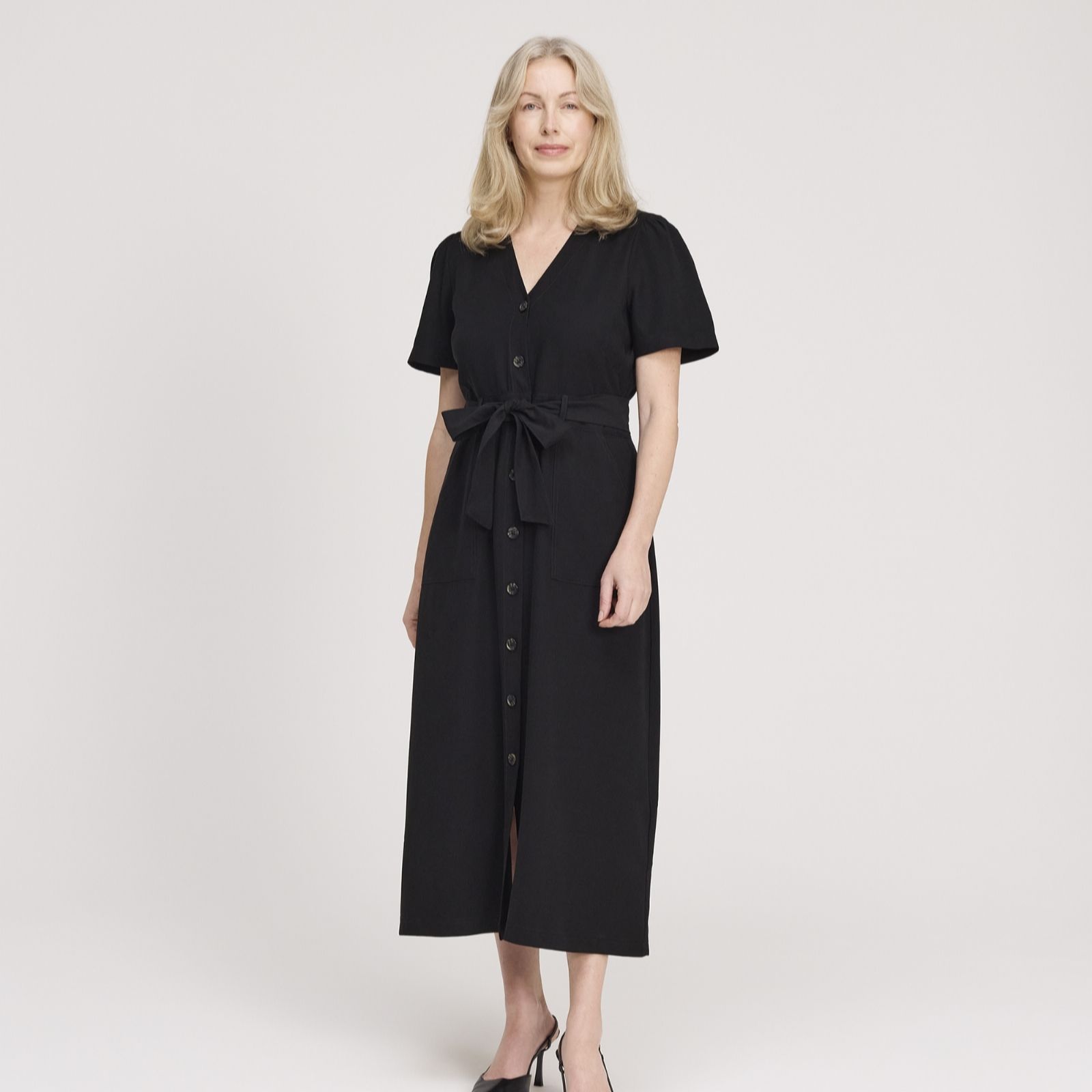 Finery London Pricilla Cupro Button Through V Neck Dress Petite women's