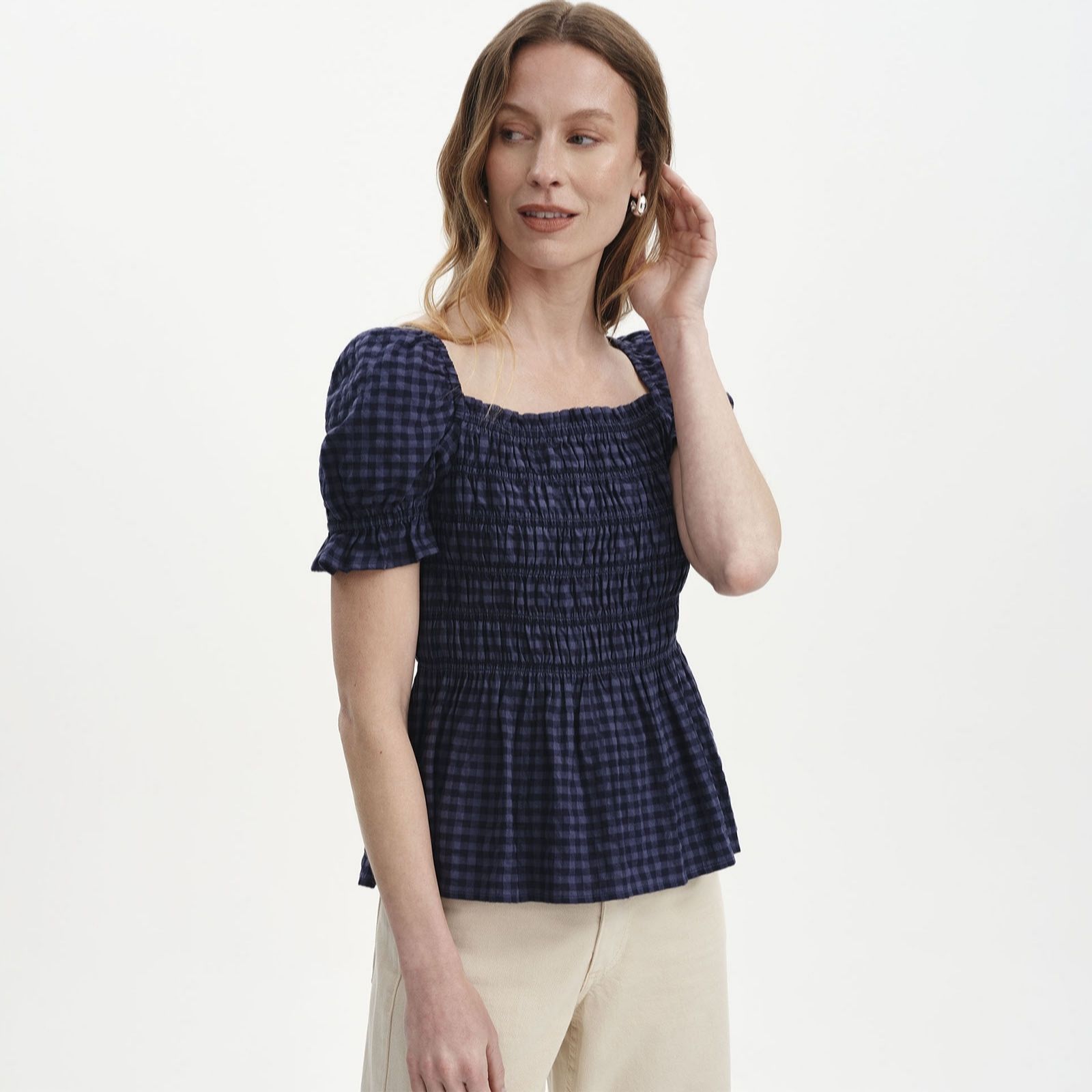 Cynthia Blue Gingham Seersucker Shirred Puff Sleeve Top Size: 8
