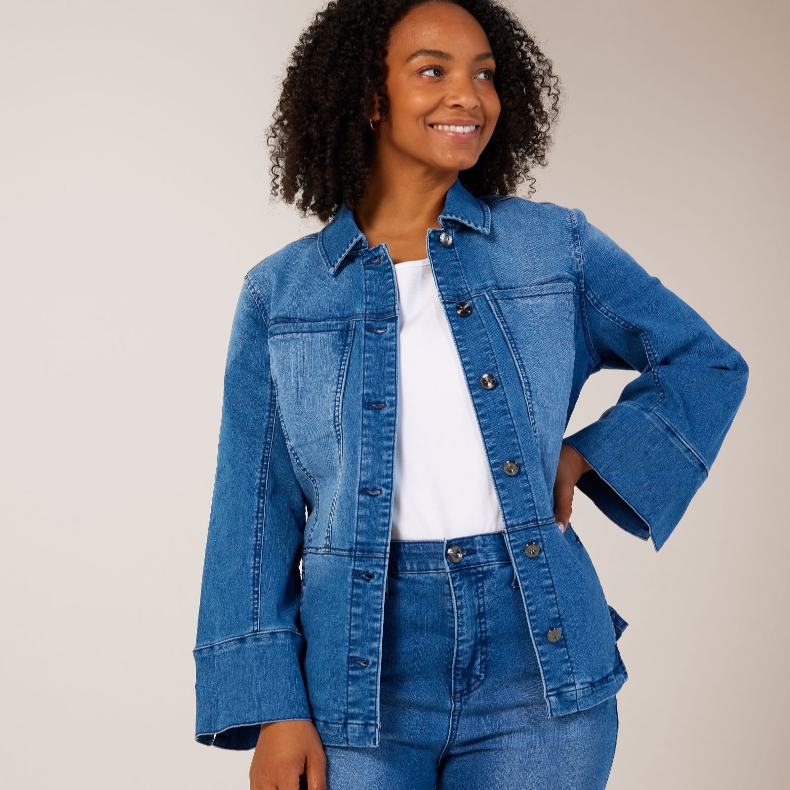 Marla Wynne Denim Peplum Jacket with Bell Sleeves women's