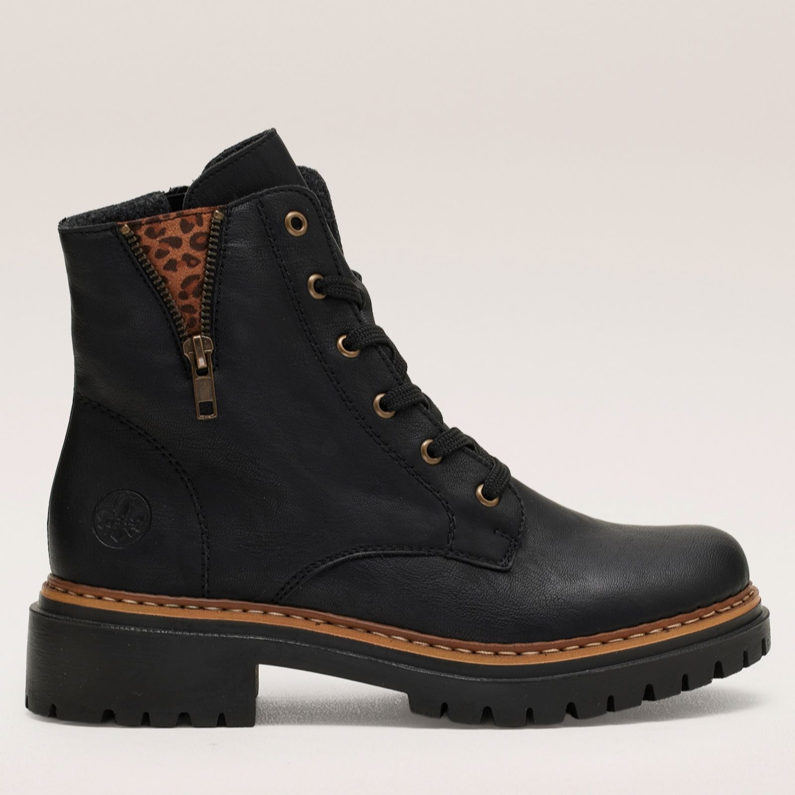 Rieker Black Zip Leopard Lace Up Boot