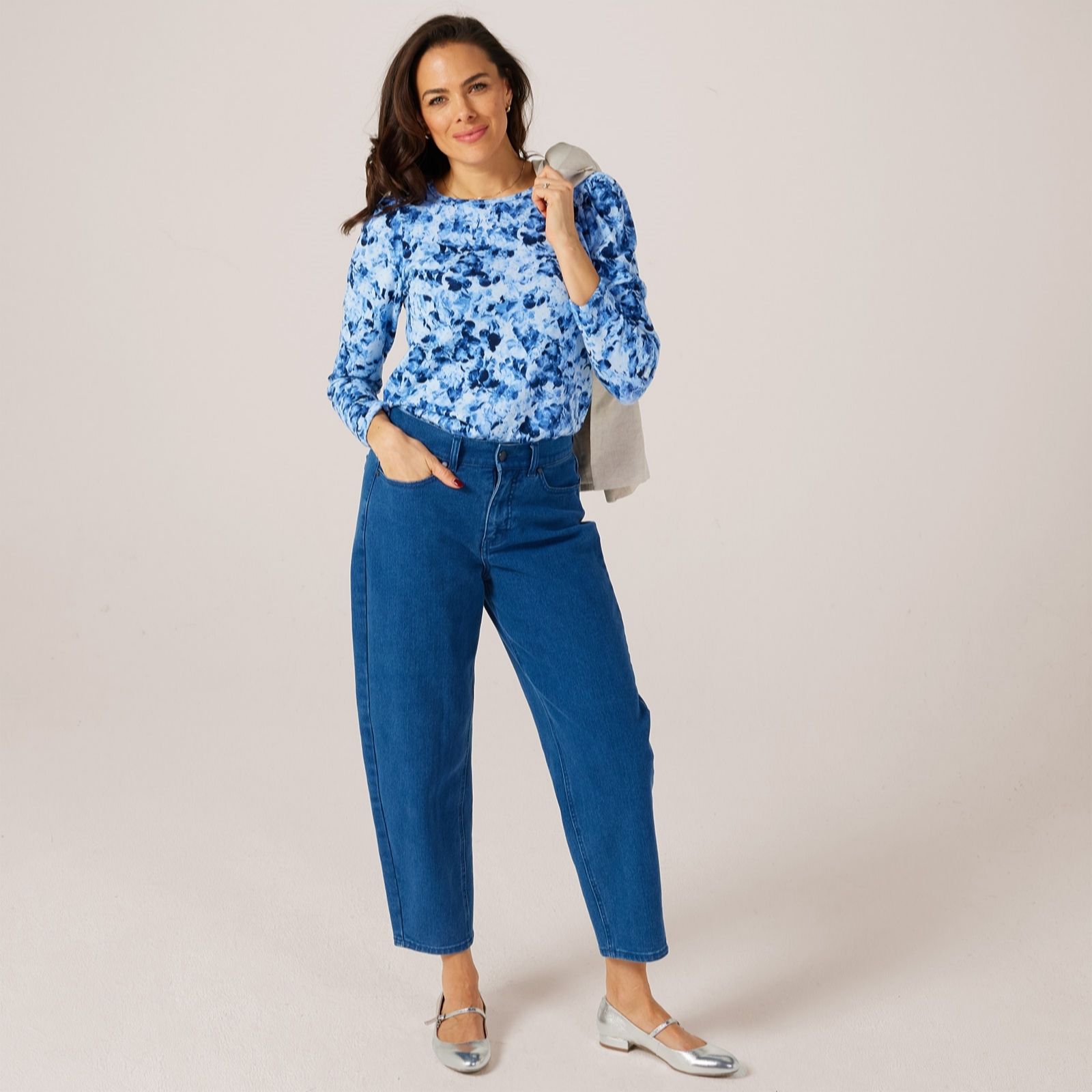 Kim & Co Blue Multi Printed Soft Touch Top With Shoulder Shirring