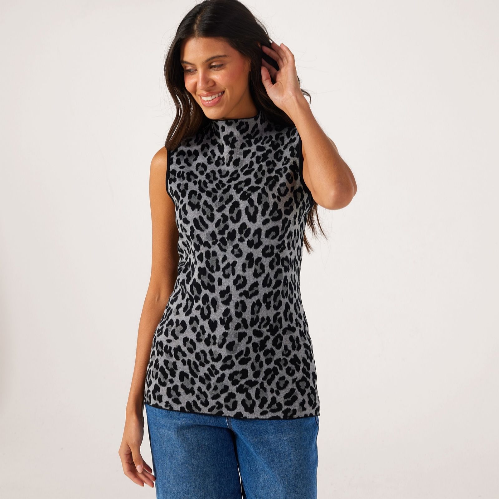 Nina Leonard Animal Mock Neck Jacquard Sleeveless Knit Jumper