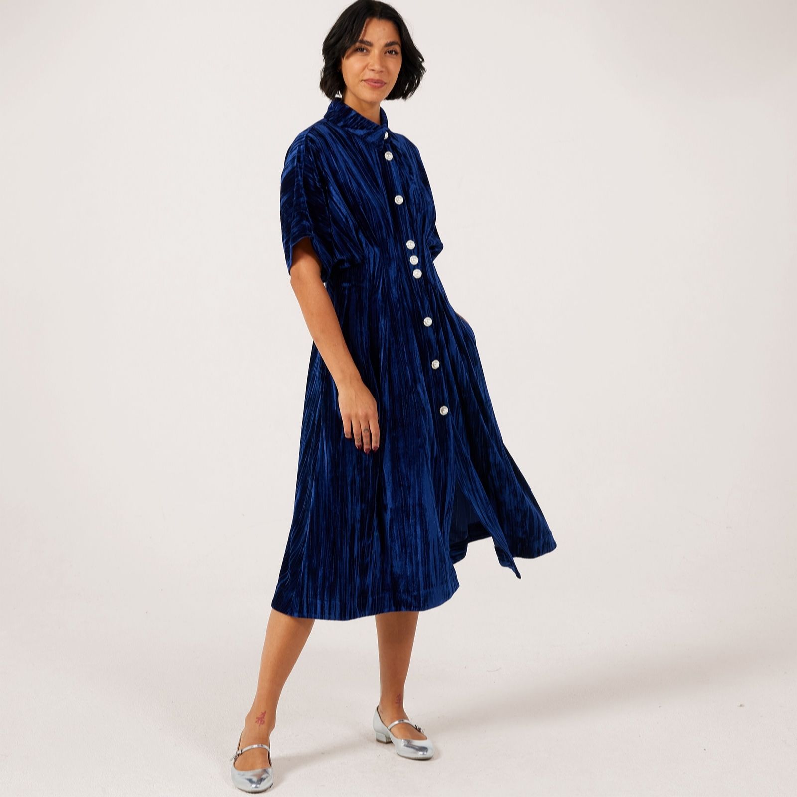 Helene Berman Blue Crushed Velvet Dress With Pleated Waist