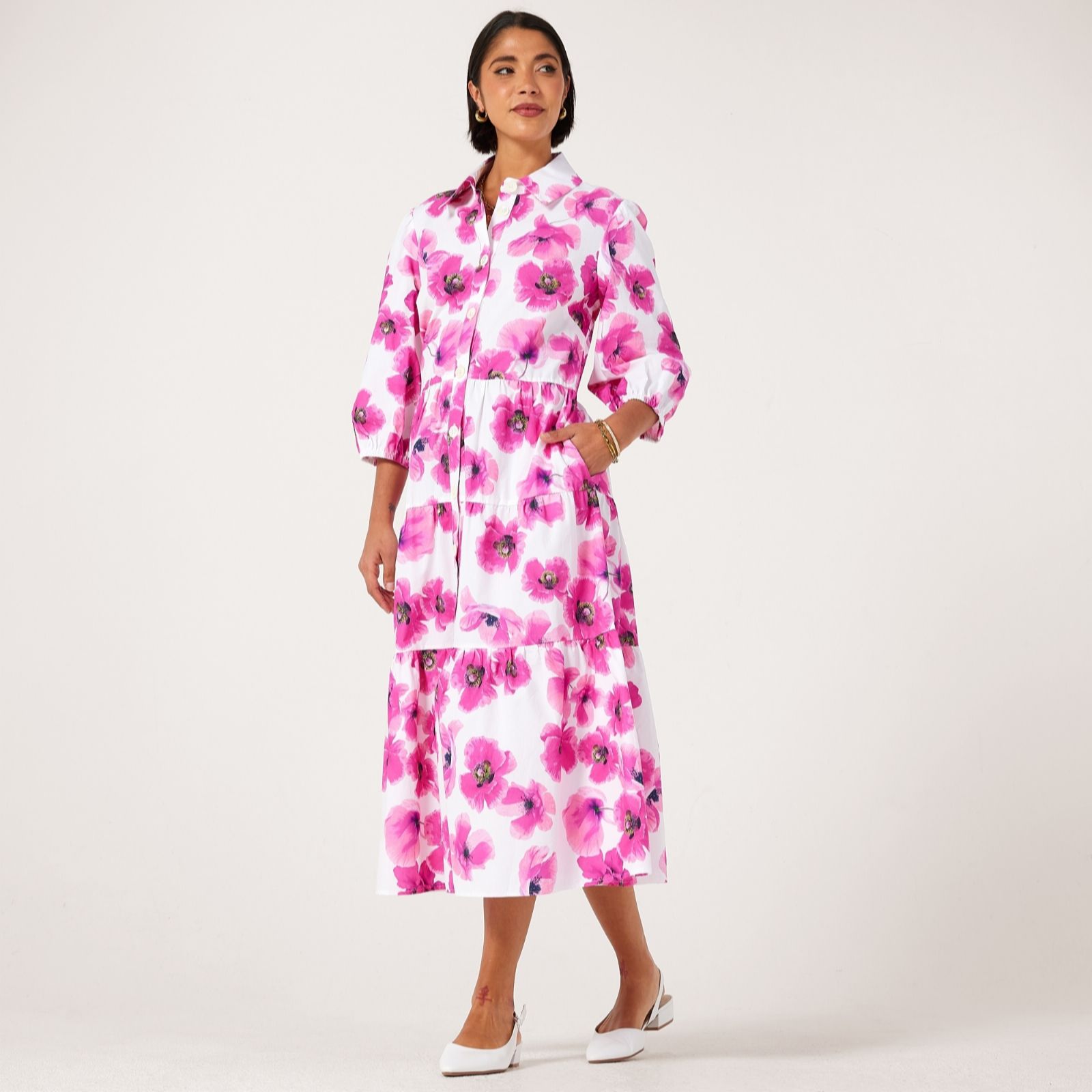 Helene Berman Pink Floral 100% Cotton Floral Print Tiered Maxi Dress With Stret...