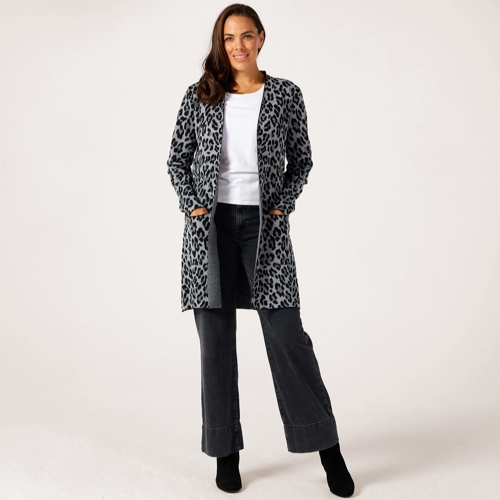 Nina Leonard Animal Mock Neck Jacquard Knit Long Cardigan