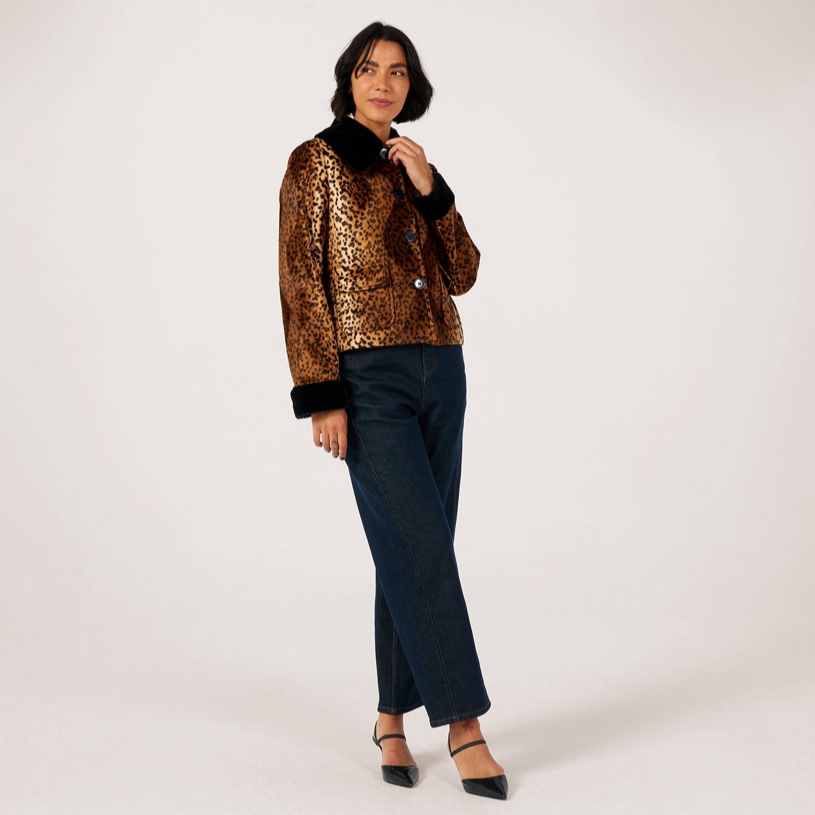 Helene Berman Animal Short Faux Fur Jacket With Contrast Collar And Cuff