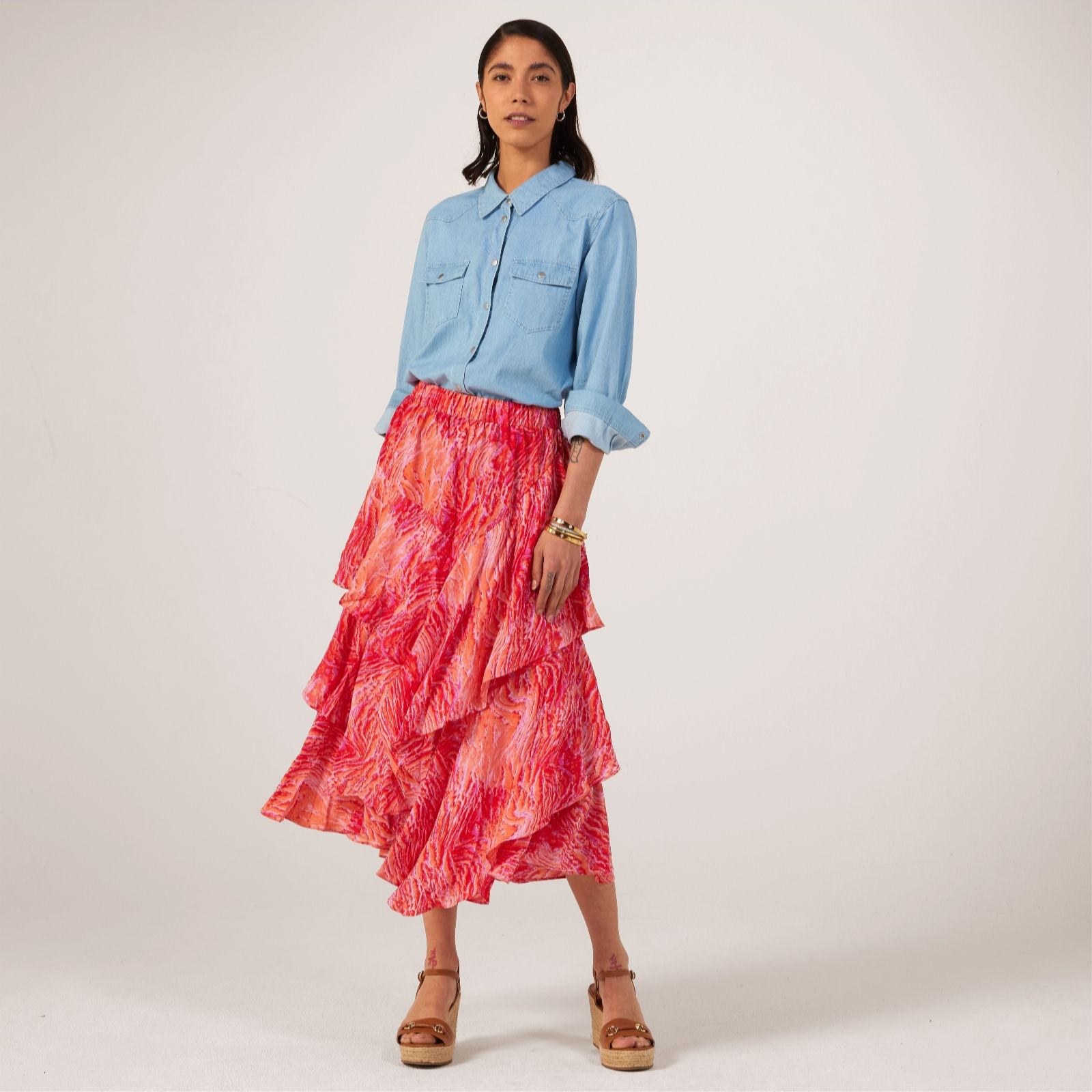 Frank Usher Printed Chiffon Frilled Skirt with Elasticated Waistline