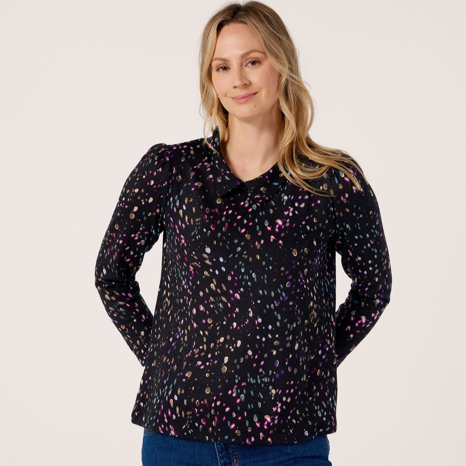 Kim & Co Black Multi Soft Touch Long Sleeve Collar Top