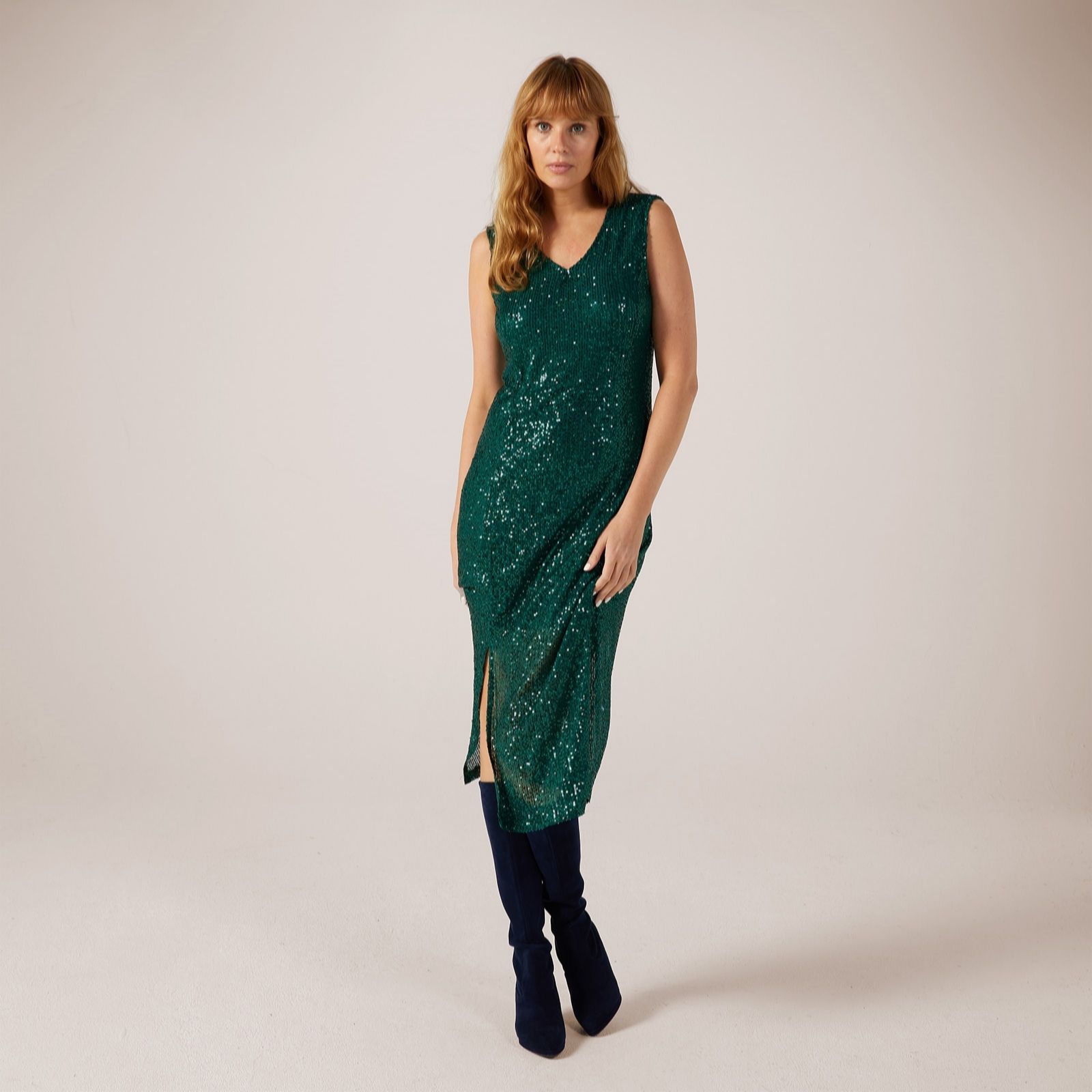 Izabel London Sleeveless Sequin Lined Dress with Side Slit