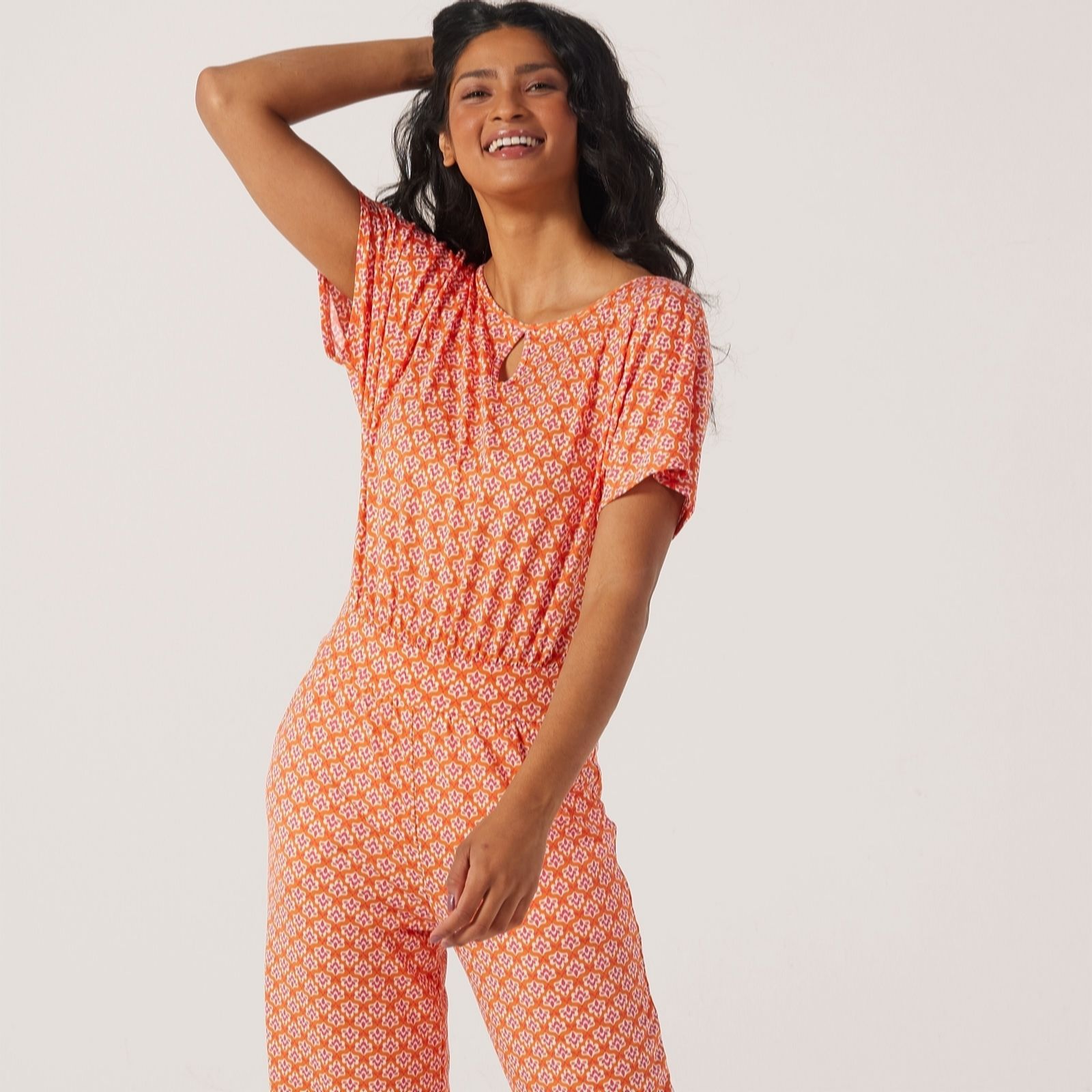 Kim & Co Melon Multi Printed Brazil Jersey Ankle Length Petite Jumpsuit