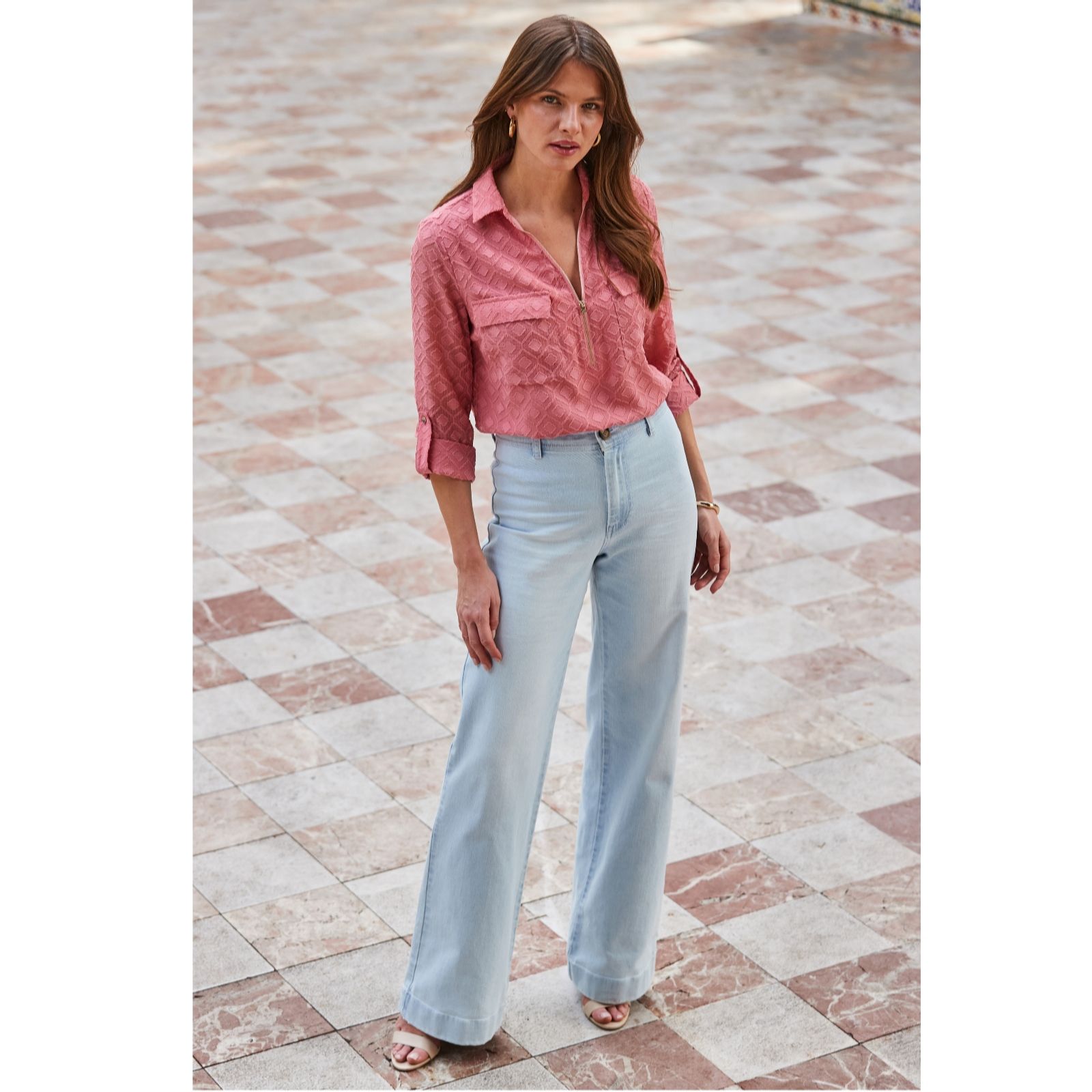 Sosandar Women's Light Wash Denim Stretch Wide Leg Jeans