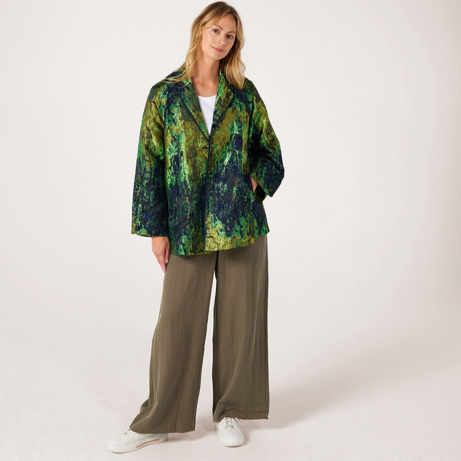 Marlawynne Chartreuse Navy Collection Fall Jacquard Topper Jacket