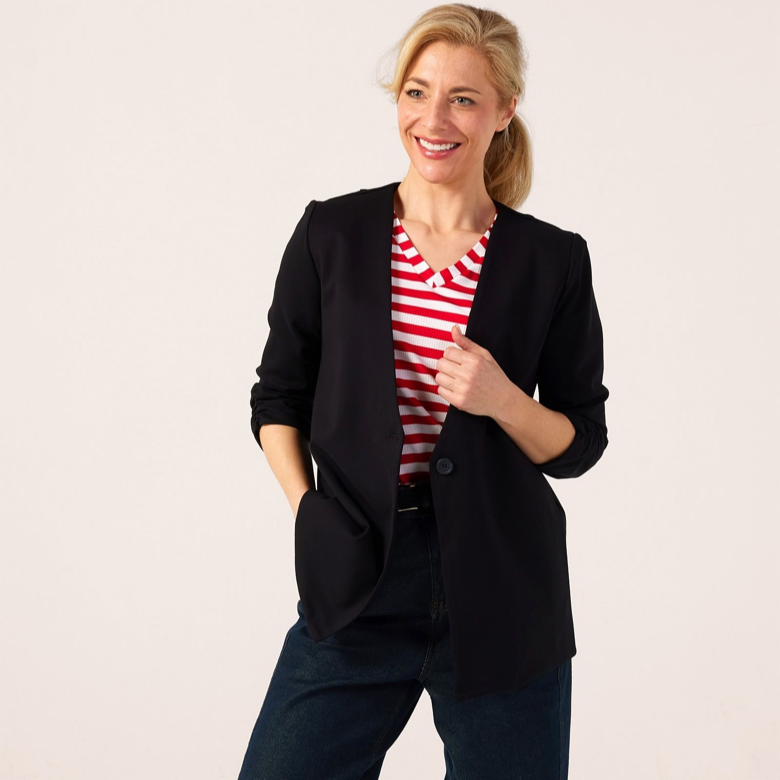 Kim & Co Black Stretch Ponte Jersey Ruched Sleeve Blazer