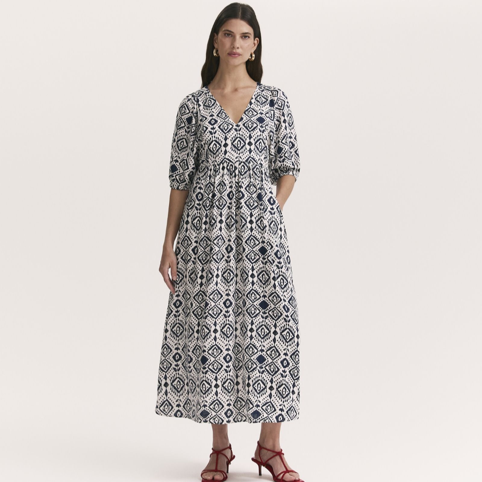 Katie Ivory Woodblock Linen Blend Midi Smock Dress Size: 8