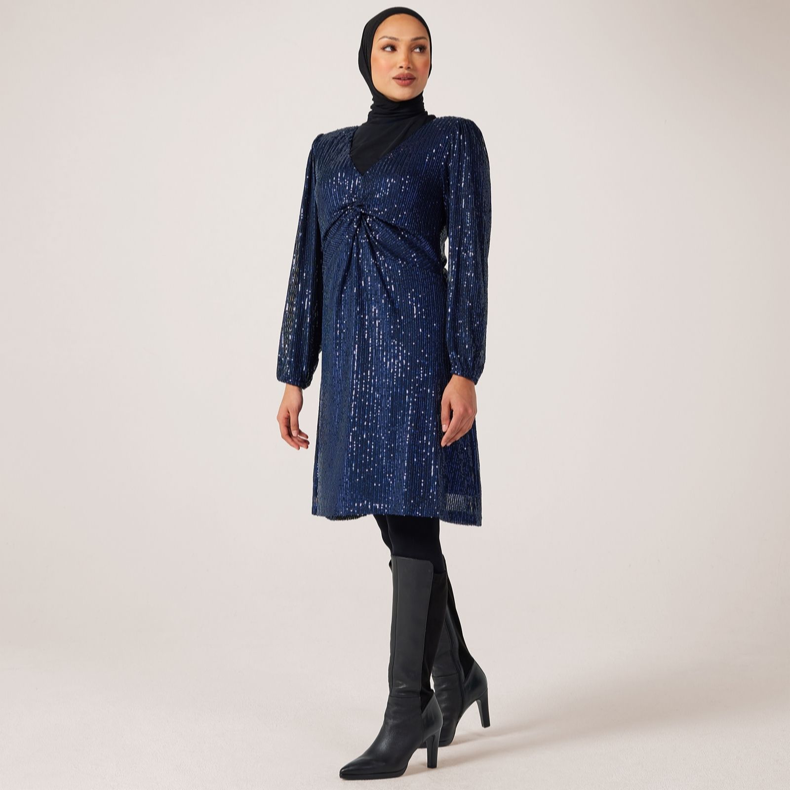 Frank Usher V Neck Sequin Long Sleeve Dress with Ruched Front Detail