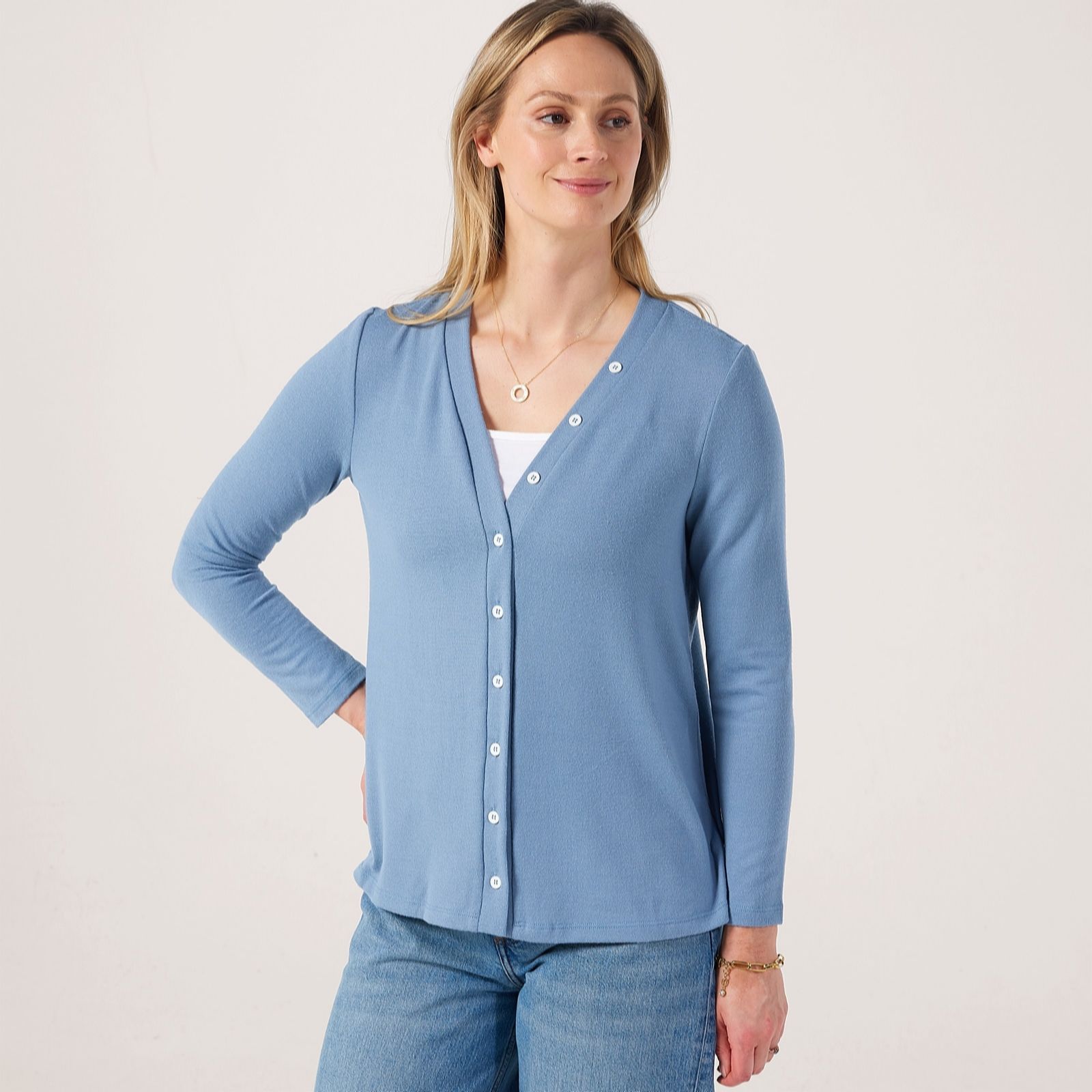 Kim & Co Denim Blue Soft Touch Contrast Button Cardigan