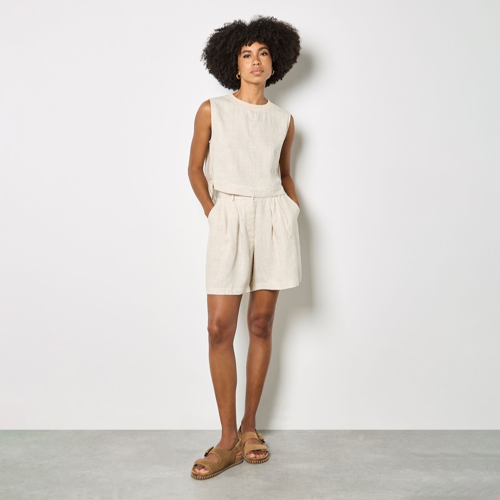 Apricot Stone Pleated Detail Linen Mix Short