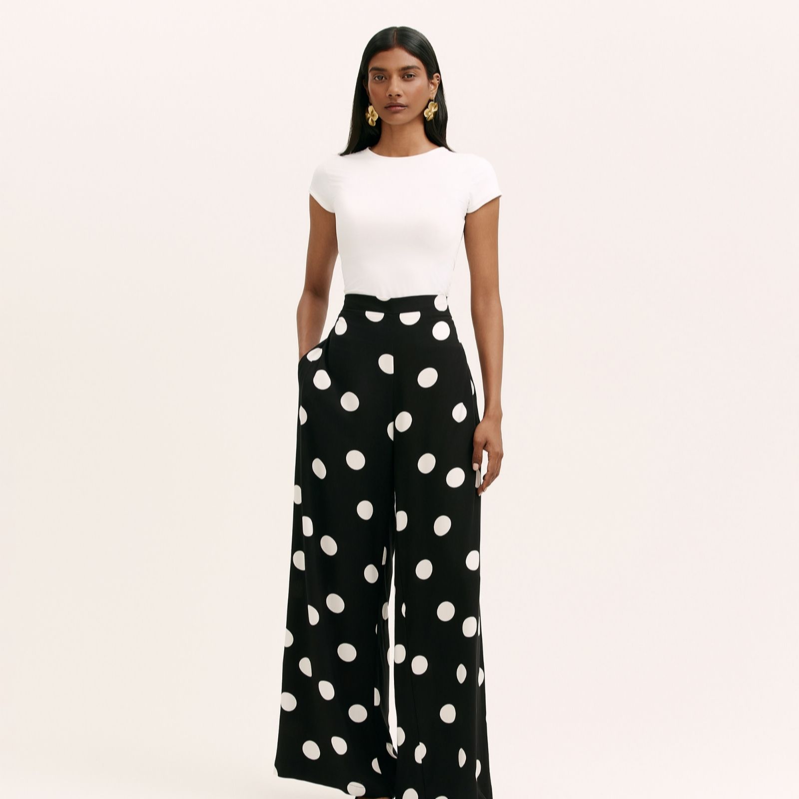 Finery London Nat Spot Print Black & Ivory Trousers Standard women's