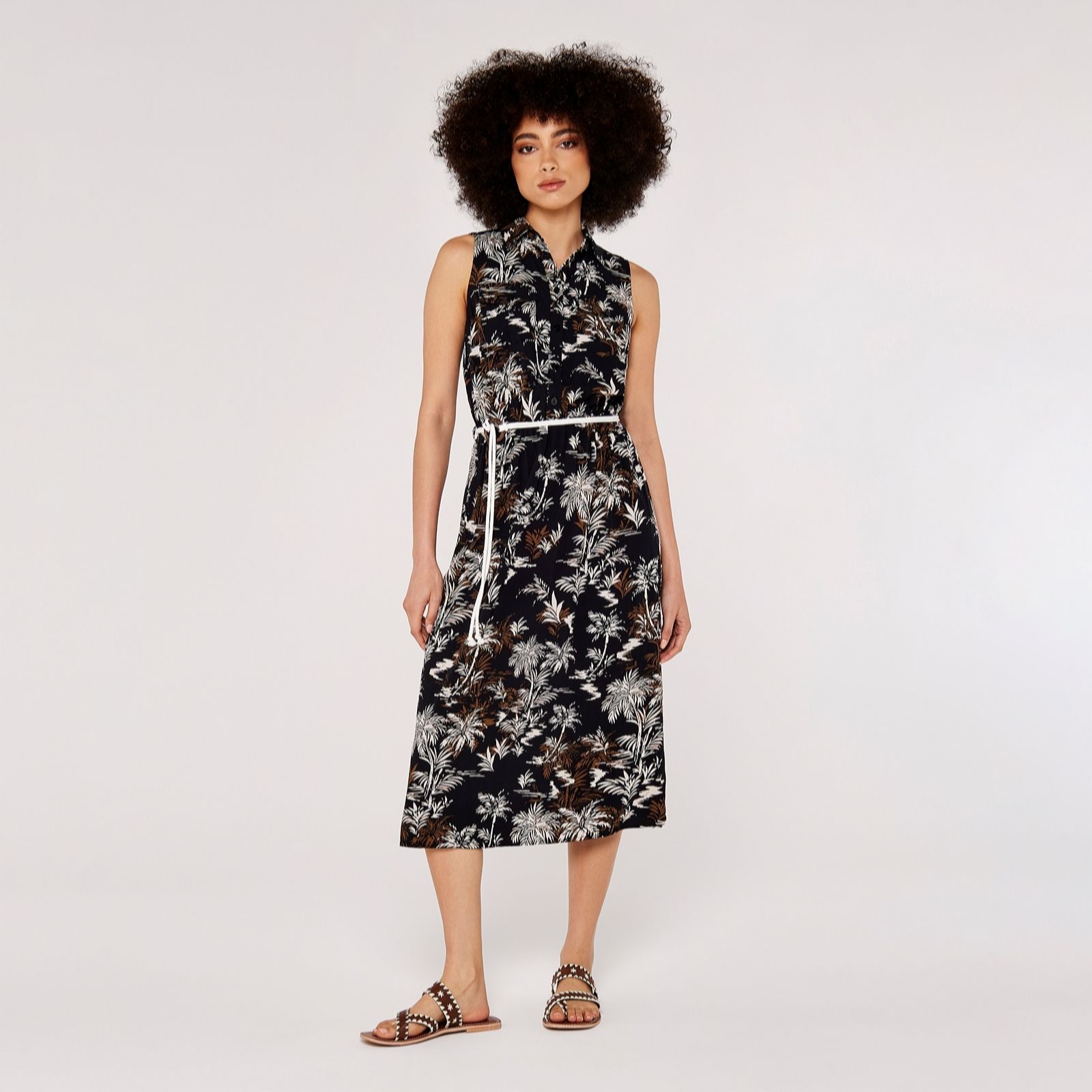 Apricot Palm Print Rope Belt Dress