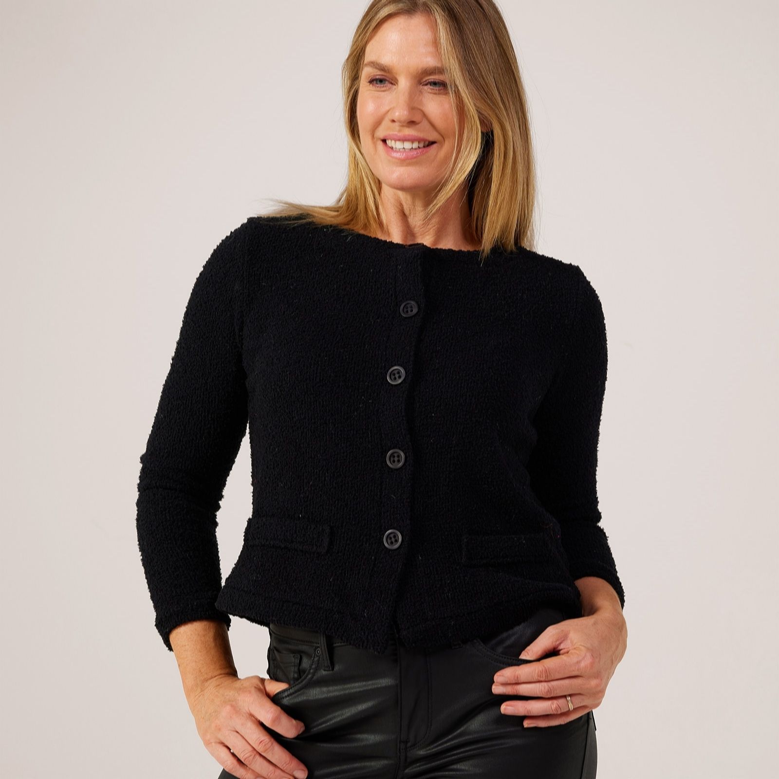 Kim & Co Black,Black Boucle Sweater Knit Long Sleeve Cardigan