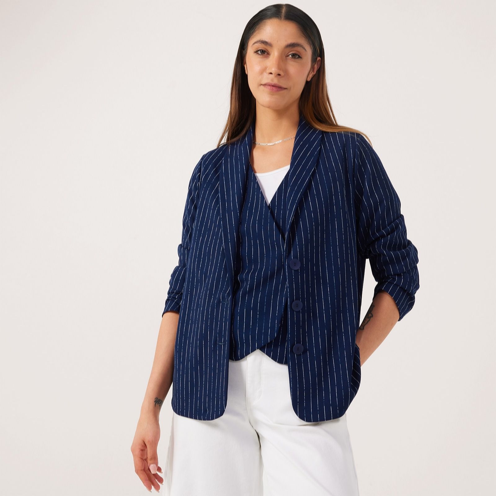 Kim & Co Black,Oyster Ponte Crepe Long Sleeve Jacket
